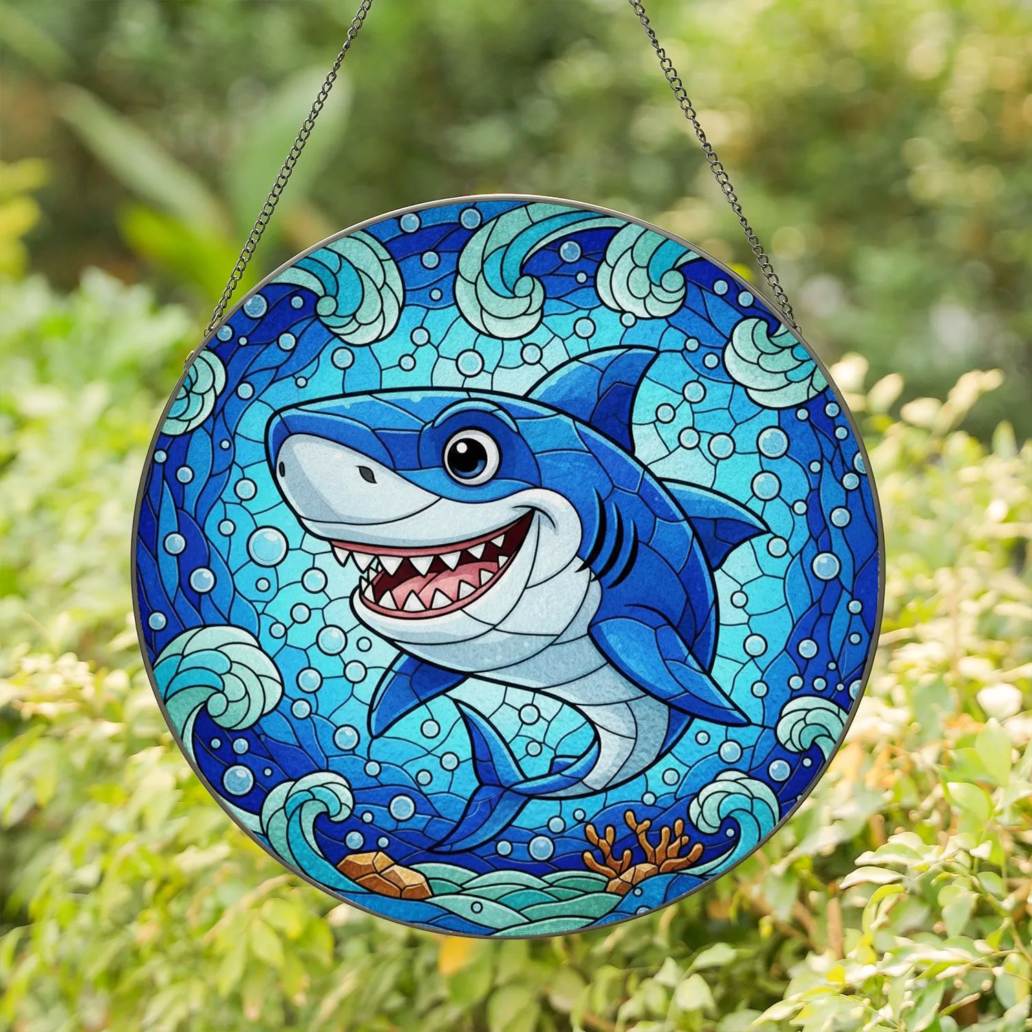 Playful Cartoon Shark Stained Glass Mosaic - Tiffany Style Ocean Jewel Tones Sea Life Art Stained Glass Suncatcher - 1