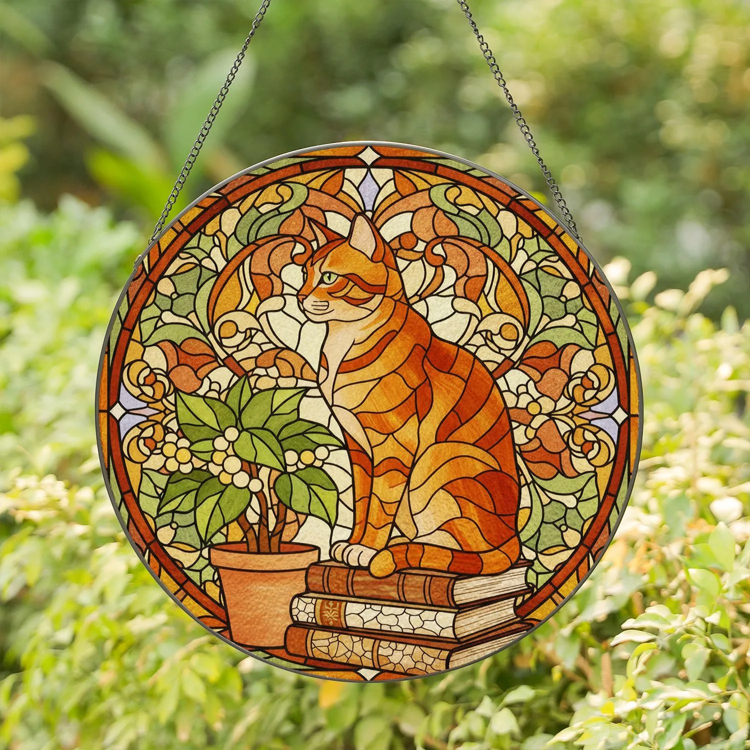 Tiffany Style Stained Glass Orange Tabby Cat with Plant & Books - Cat Lover Gift Stained Glass Suncatcher - 1