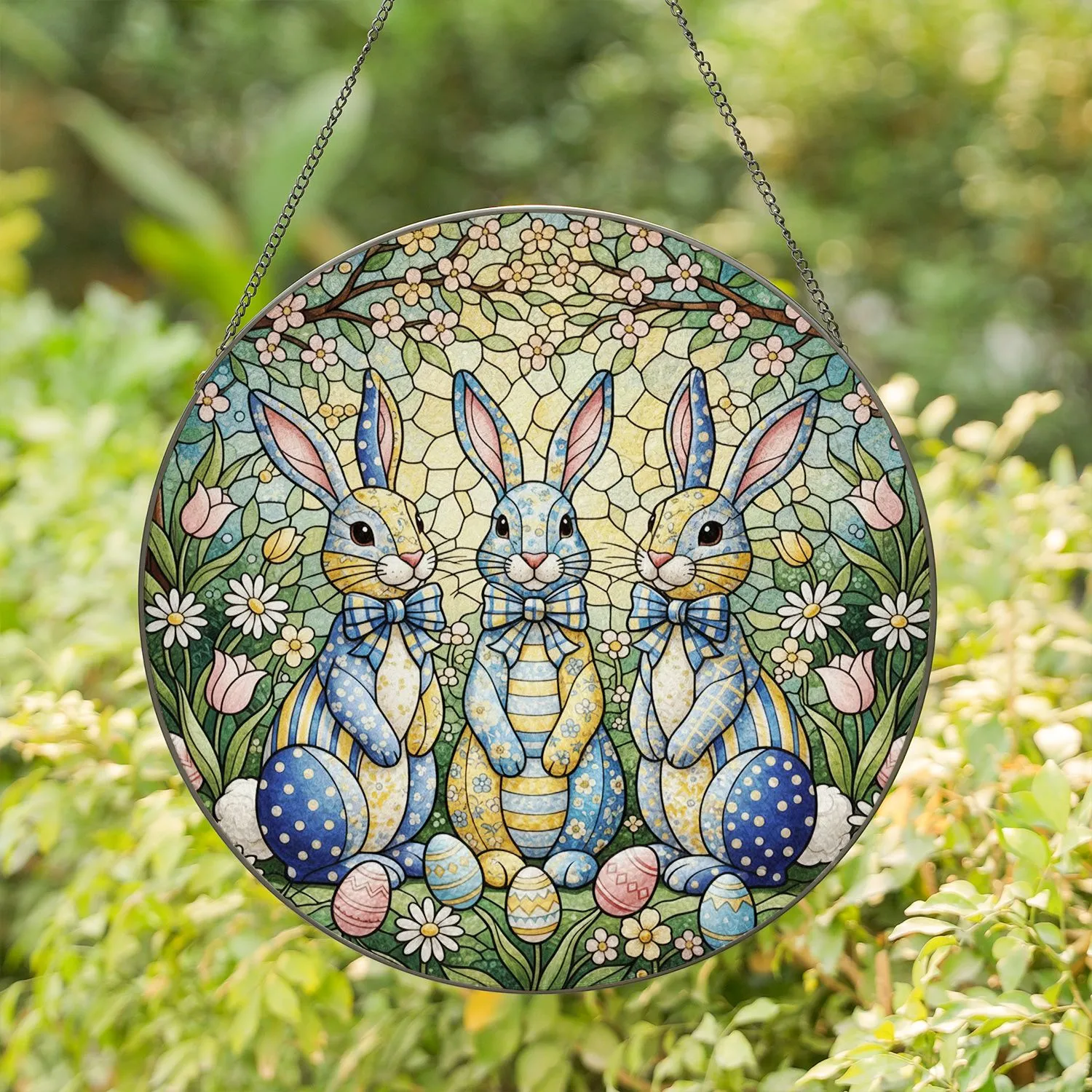 Three Patchwork Bunny Rabbits Easter Eggs Spring Flowers Stained Glass Garden Decor Stained Glass Suncatcher - 1