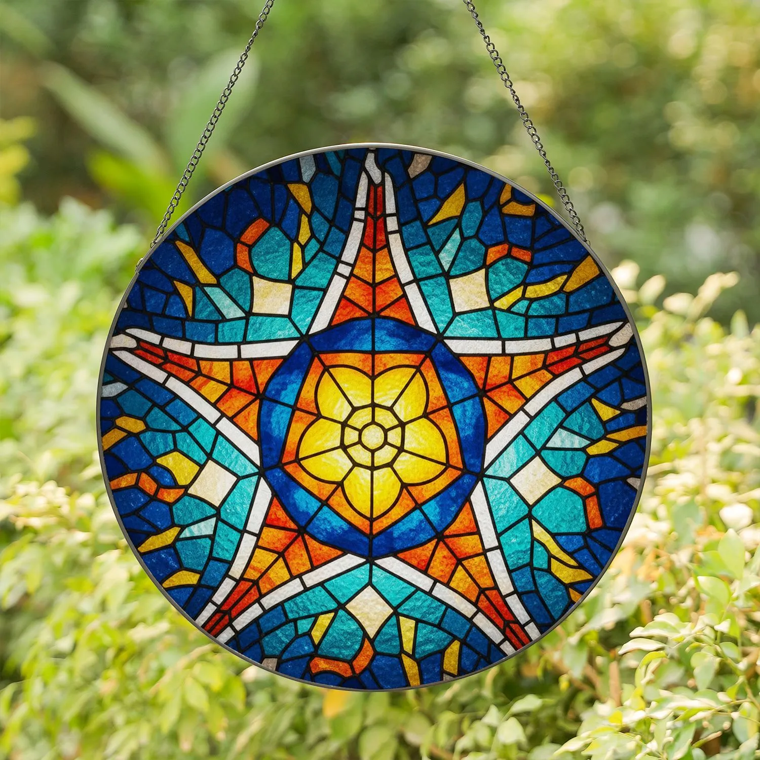 Tiffany Stained Glass Starfish Jewel Tones - Deep Blue Teal Orange Golden Radial Mosaic Art Stained Glass Suncatcher - 1