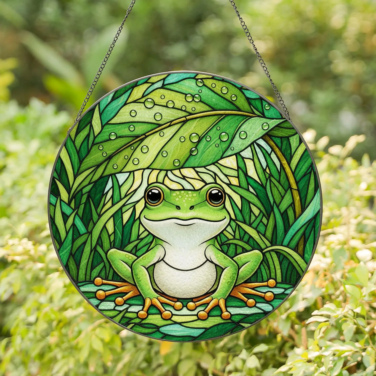 Green Frog Stained Glass Art with Water Droplets, Lush Foliage & Rippling Water Stained Glass Suncatcher - 1