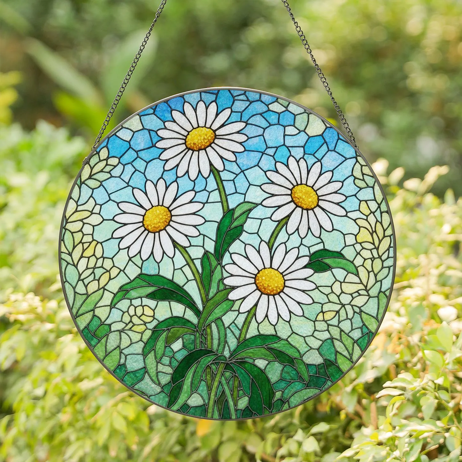 Vibrant Daisies Stained Glass Mosaic - Tiffany Jewel Tone Garden Window Home Decor Gift Stained Glass Suncatcher - 1