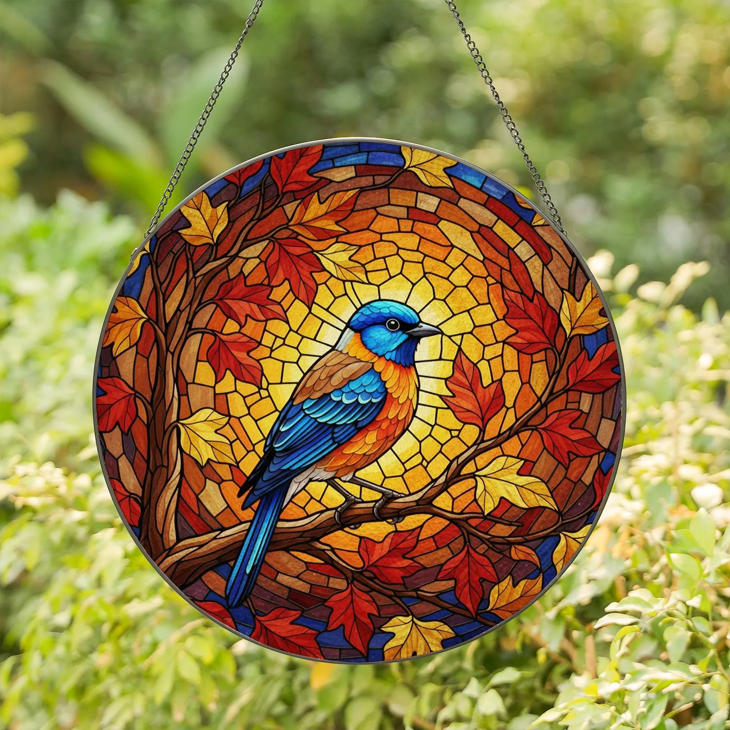 Blue-Headed Bird Stained Glass - Vibrant Tiffany Style Mosaic Jewel Tones Autumn Leaves Stained Glass Suncatcher - 1