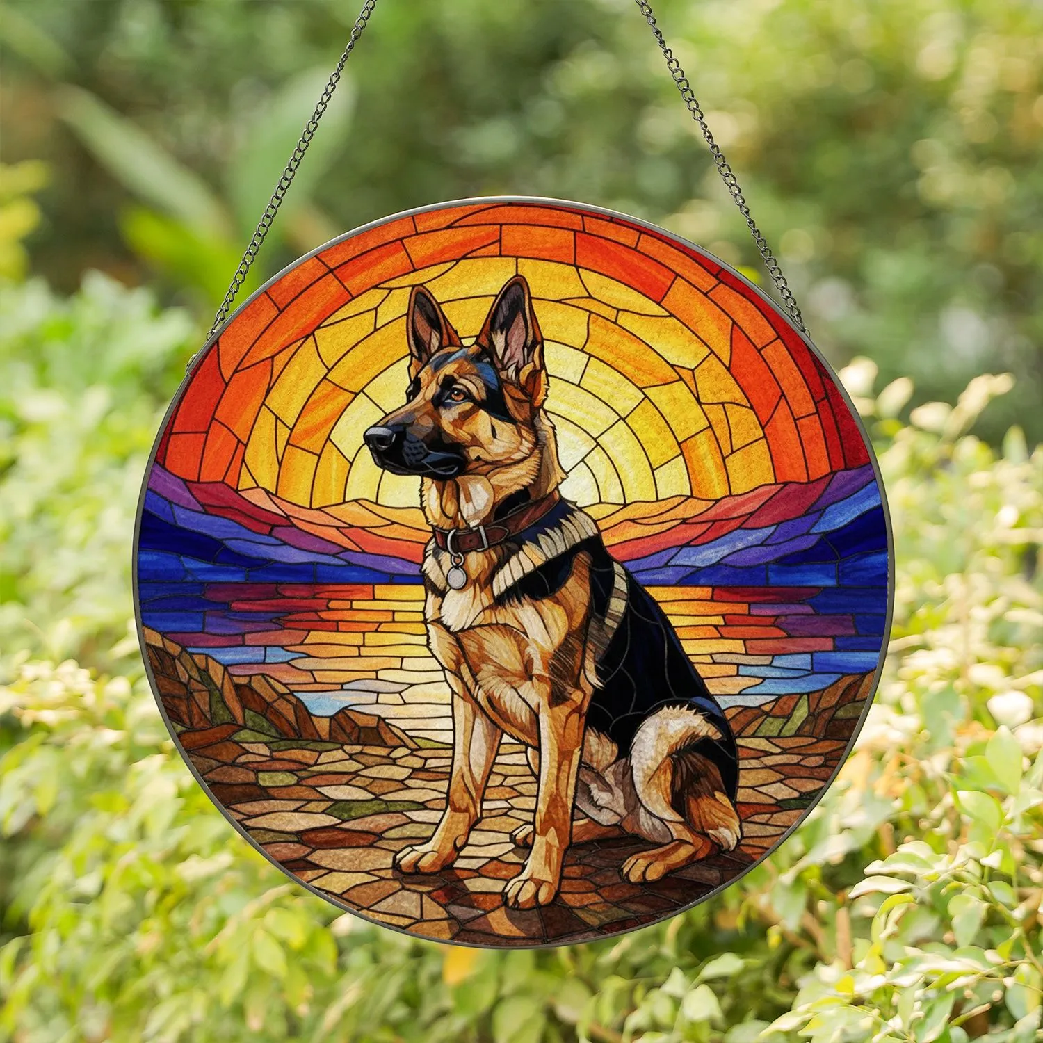 German Shepherd Dog Stained Glass Mosaic Art - Tiffany Sunset & Mountain Landscape Stained Glass Suncatcher - 1