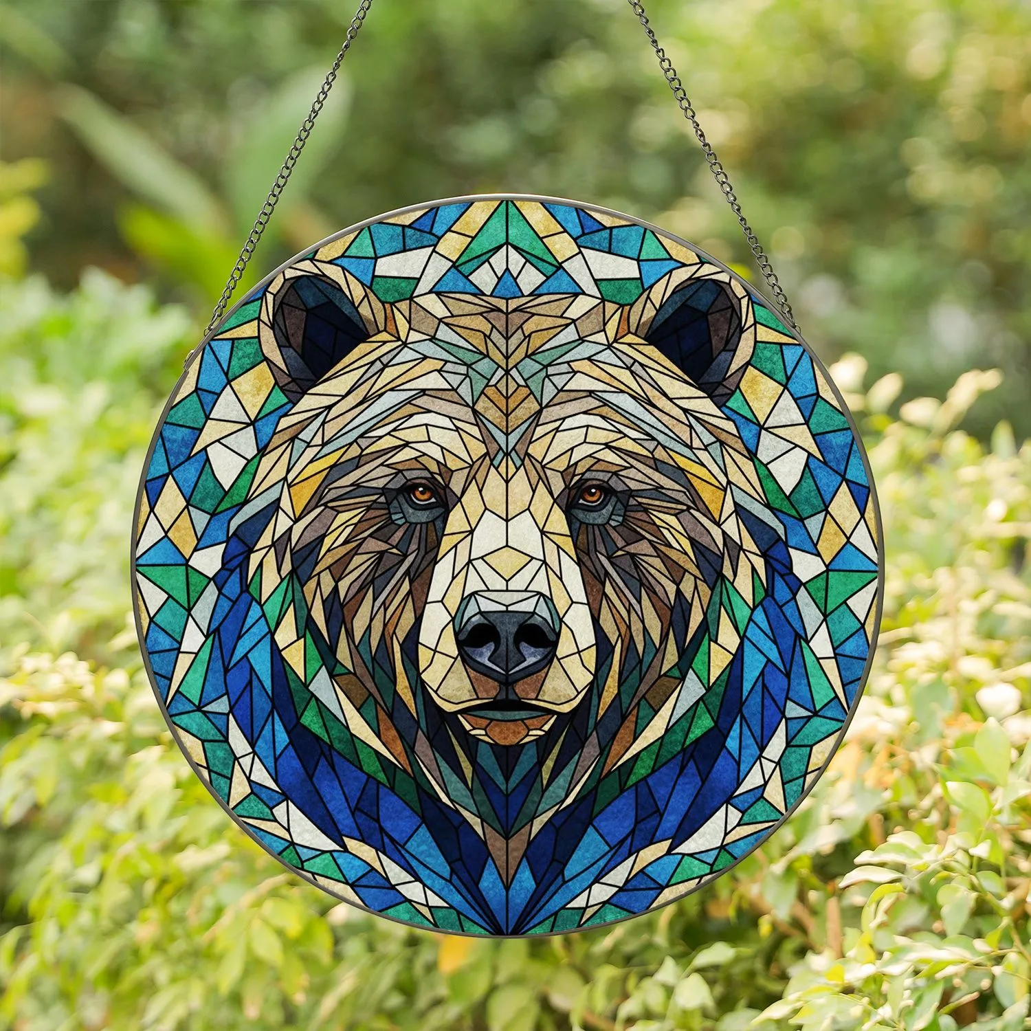 Majestic Bear Head Stained Glass Geometric Art - Tiffany Style Jewel Tone Mosaic Stained Glass Suncatcher - 1