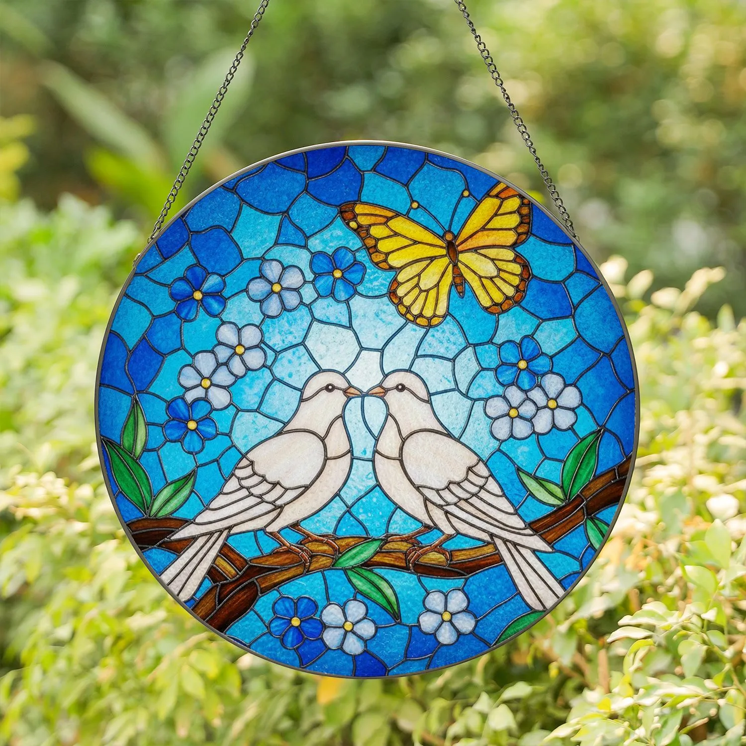 Two Doves Butterfly Blue White Flowers Gnarled Branch Tiffany Stained Glass Mosaic Art Stained Glass Suncatcher - 1