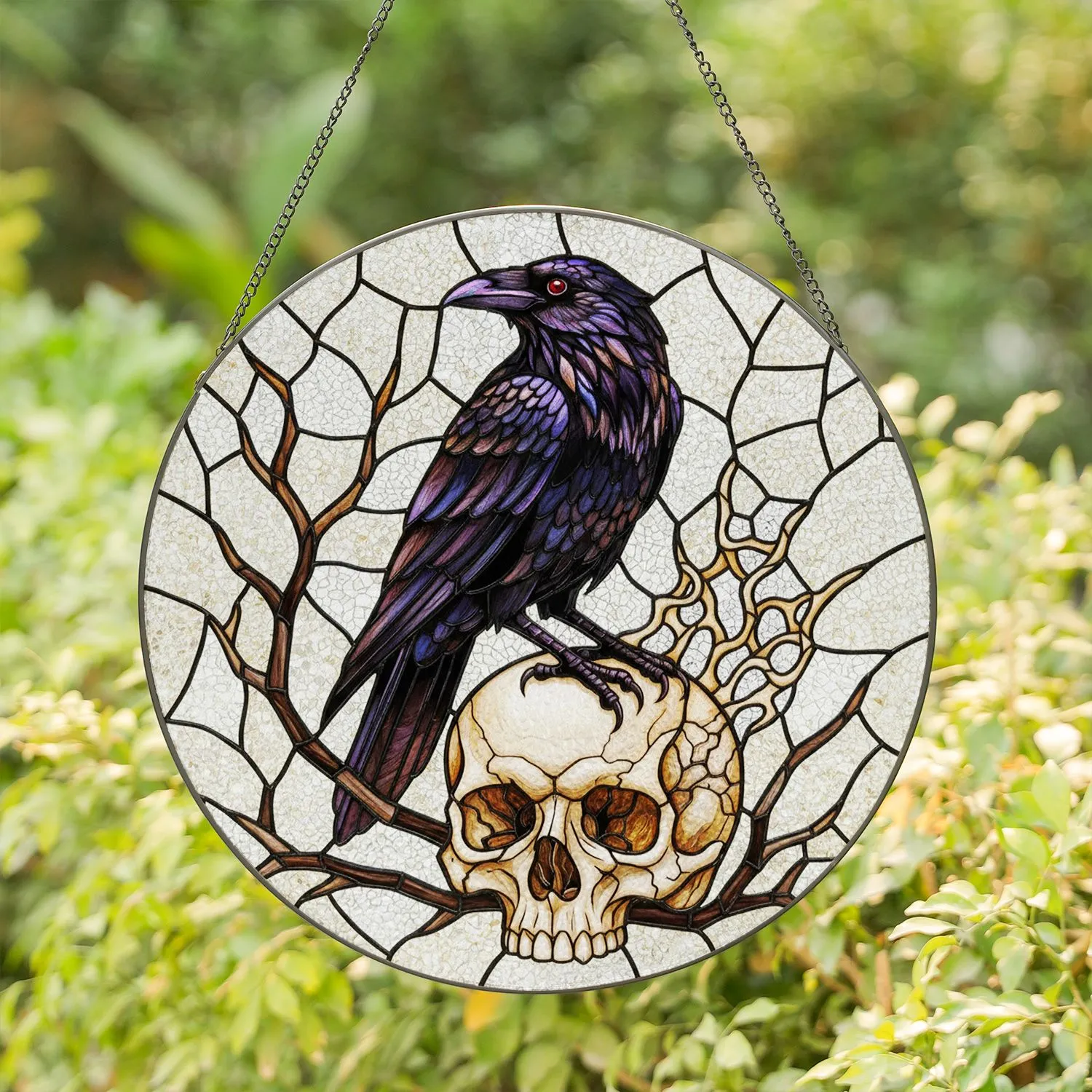 Black Raven Skull Stained Glass Tiffany Style with Barren Branches Cracked Ice Mosaic Stained Glass Suncatcher - 1