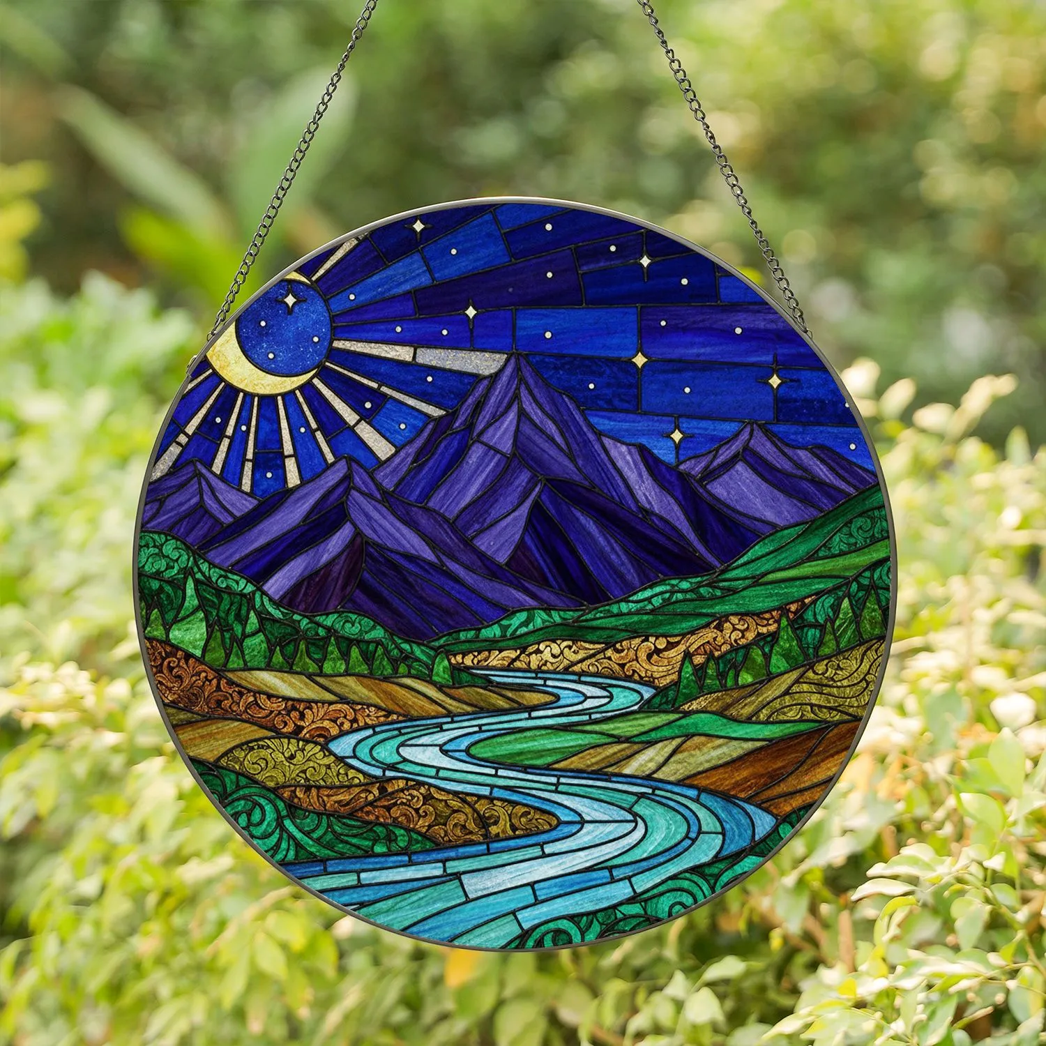 Stained Glass Mountain Landscape Night Sky Crescent Moon River Tiffany Style Stained Glass Suncatcher - 1