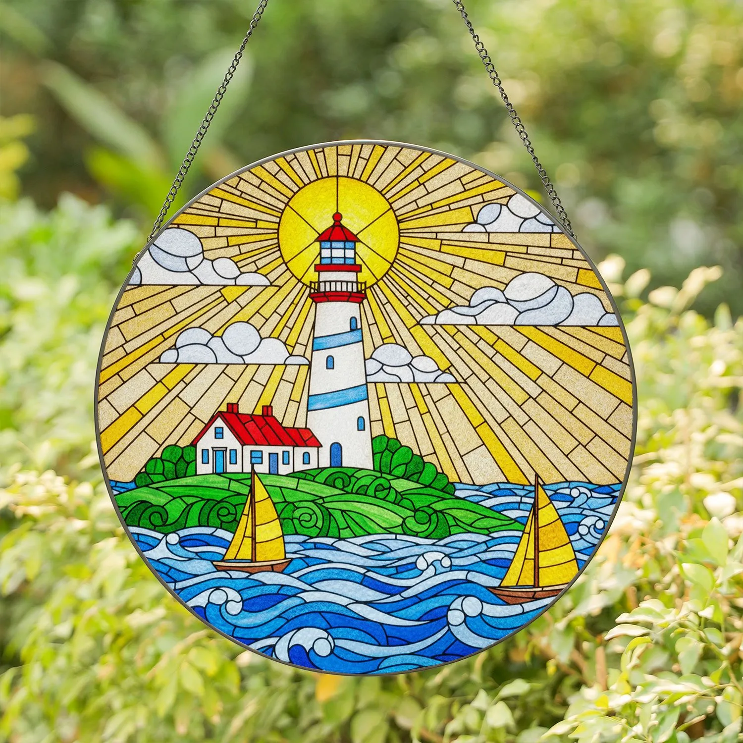 White Lighthouse Red Cap Green Island Sailboats Ocean Sun Stained Glass Jewel Tone Art Stained Glass Suncatcher - 1