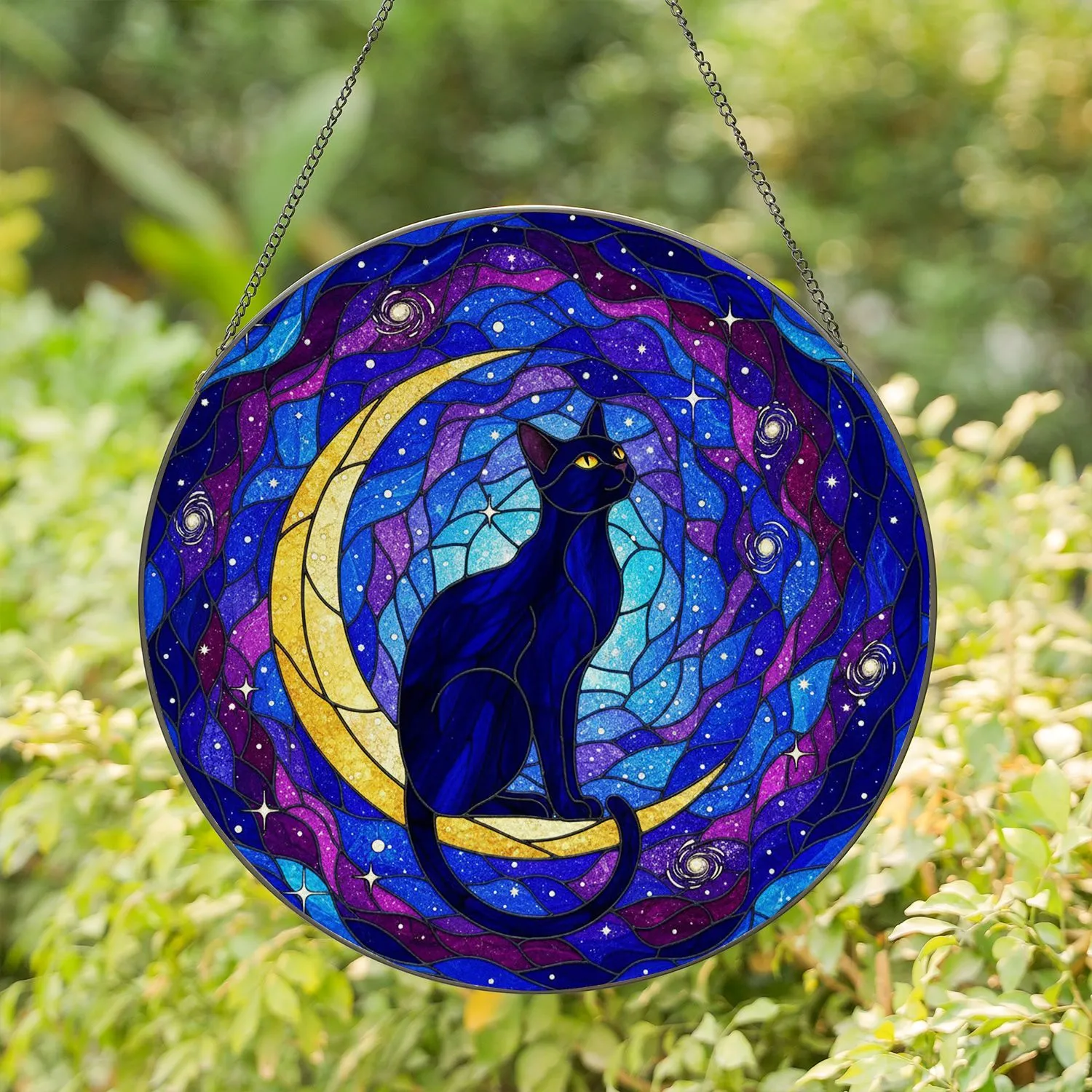 Black Cat Golden Crescent Moon Stained Glass Cosmic Nebula Celestial Vibrant Star Art Stained Glass Suncatcher - 1