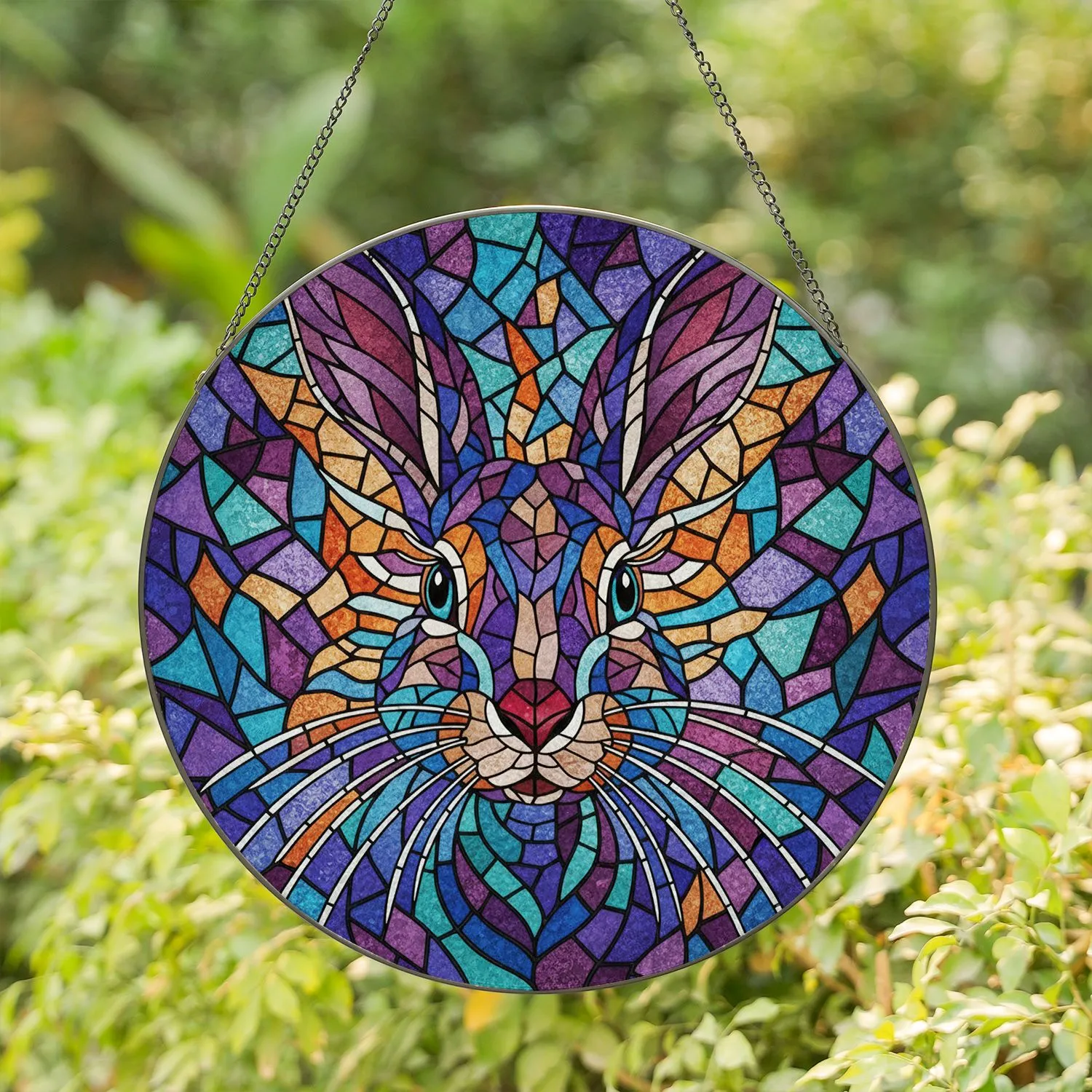 Detailed Multi-Colored Mosaic Rabbit Head Stained Glass Art Geometric Patterns Jewel Tones Stained Glass Suncatcher - 1