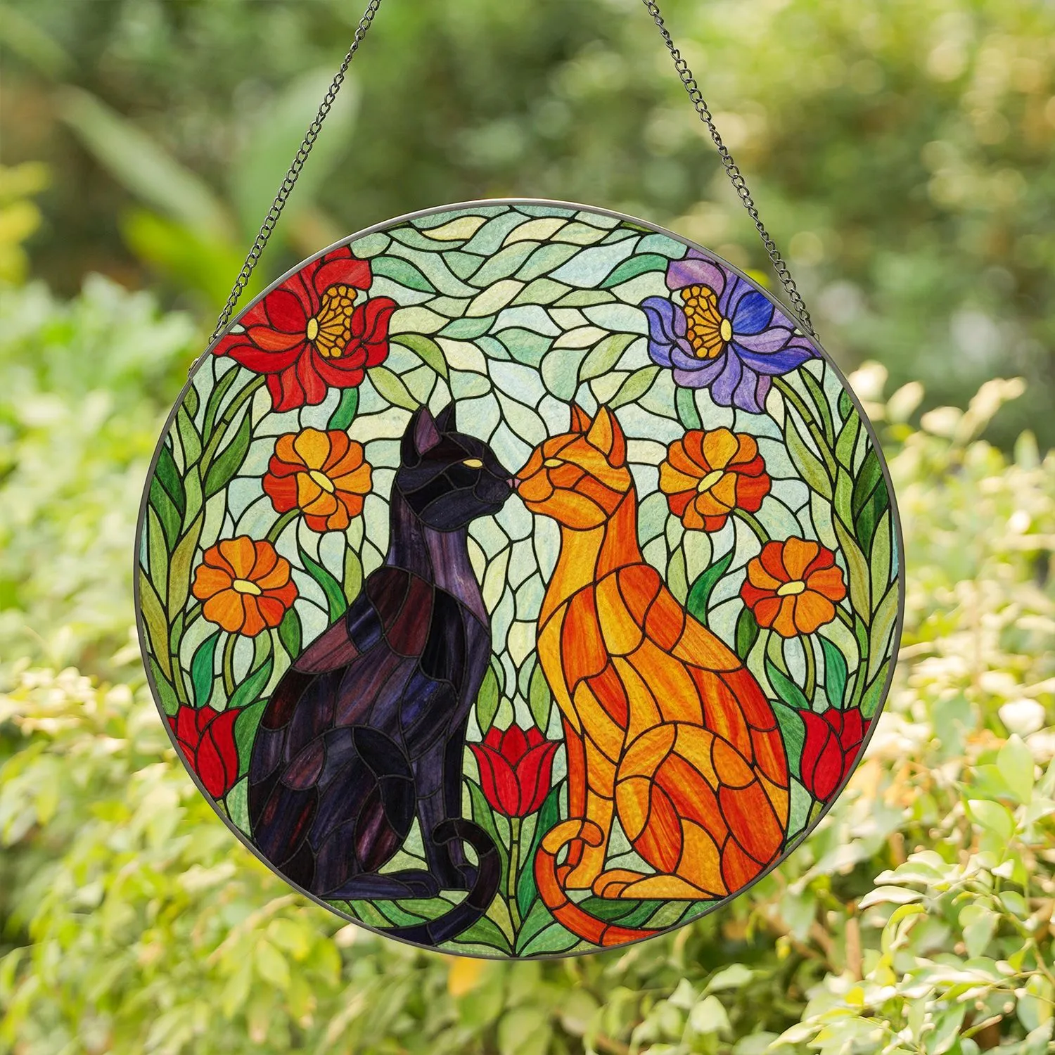 Tiffany Style Cats Nuzzle Stained Glass Botanical Flowers Jewel Tone Home Decor Gift Stained Glass Suncatcher - 1