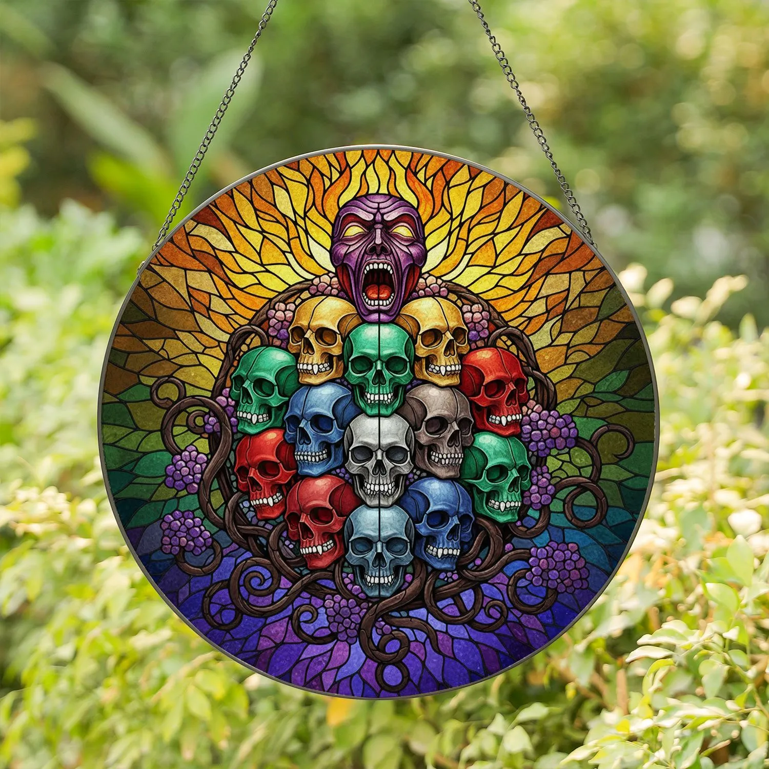 Tiffany Glass Twelve Skulls Mask Faces Screaming Dark Vines Mosaic Art Stained Glass Suncatcher - 1