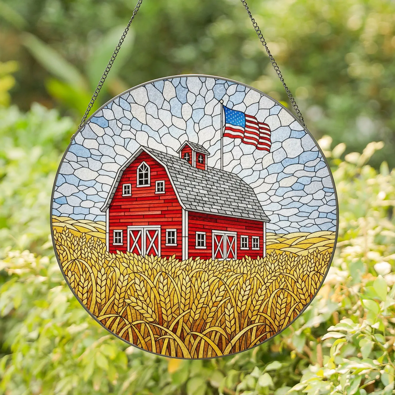 Red Barn American Flag Wheat Field Stained Glass Clouds - Farmhouse Country Decor Stained Glass Suncatcher - 1
