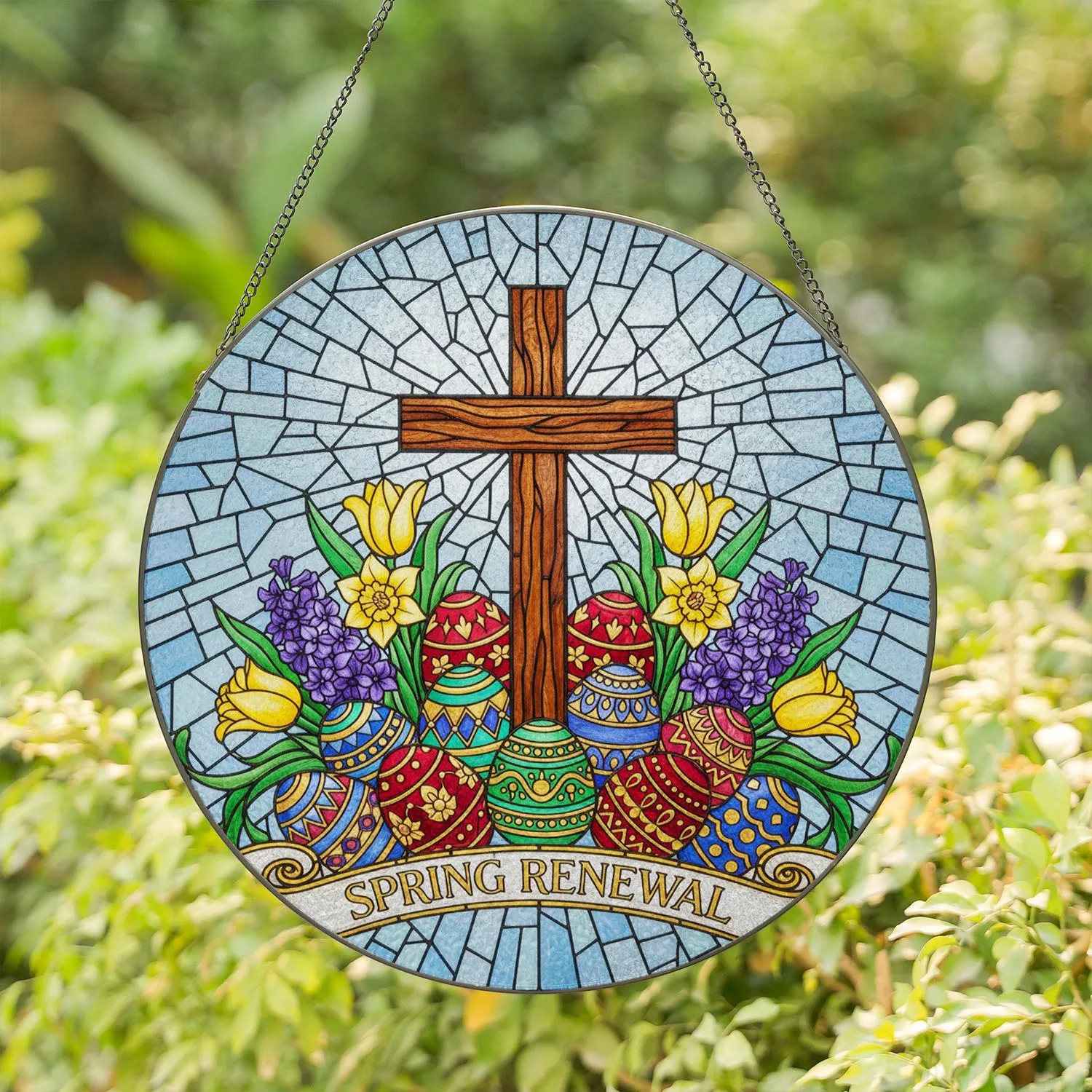 Rustic Wooden Christian Cross Easter Eggs Spring Flowers Stained Glass - Spring Renewal Decor Stained Glass Suncatcher - 1