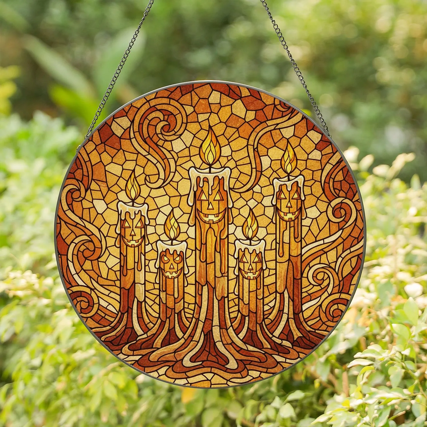 Glowing Melting Candles Jack-O'-Lantern Tiffany Stained Glass Mosaic Halloween Decor Stained Glass Suncatcher - 1
