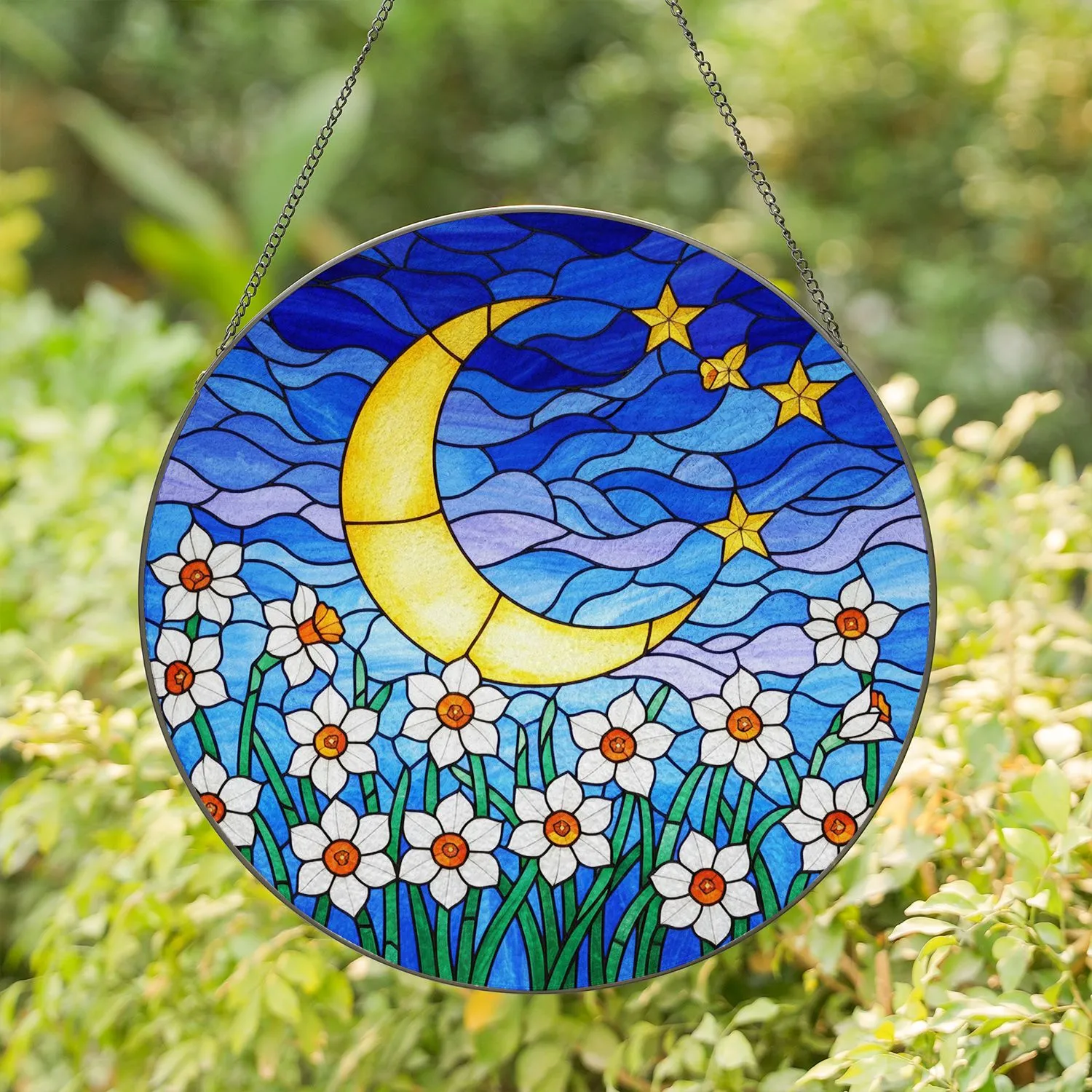 Crescent Moon Stars Daffodils - Blue Lavender Clouds Stained Glass Art Stained Glass Suncatcher - 1