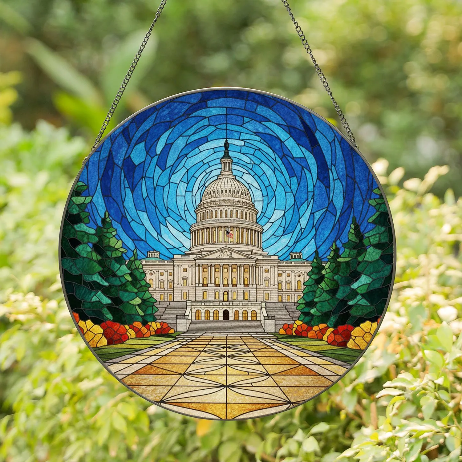 United States Capitol Building Glowing Tiffany Stained Glass Mosaic Pathway Sky Stained Glass Suncatcher - 1