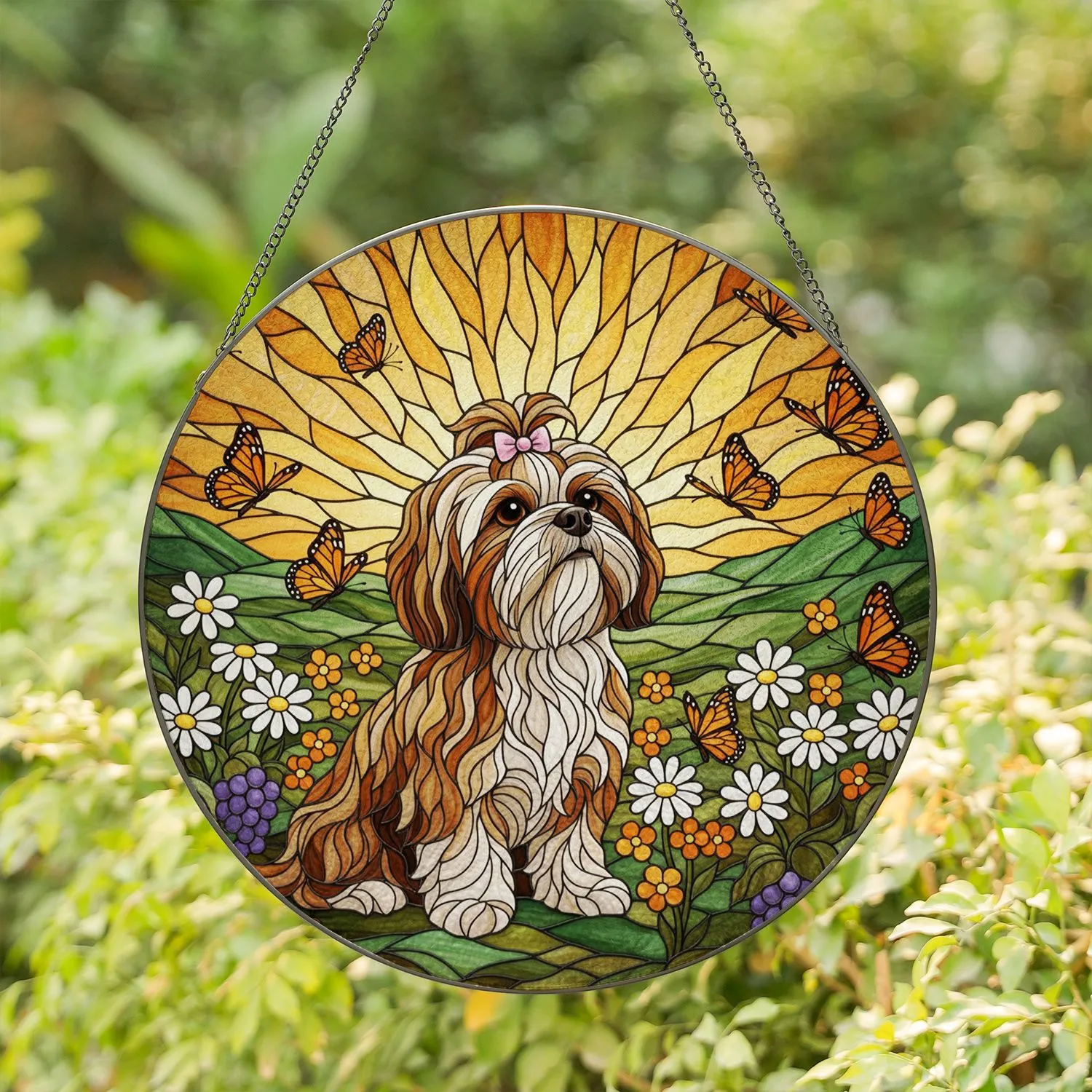 Stained Glass Shih Tzu Dog Brown Cream Fur Butterflies Flowers Hills Sky Jewel Tones Stained Glass Suncatcher - 1