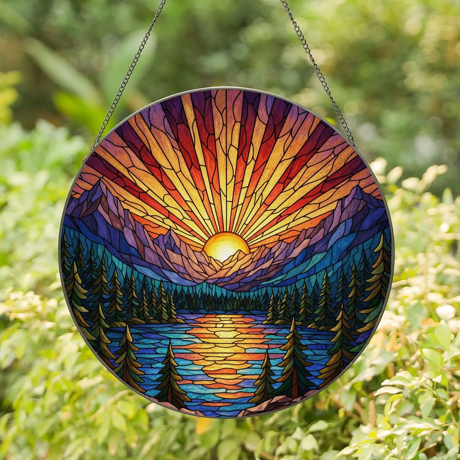 Setting Sun Mountain Lake Forest Tiffany Stained Glass Jewel Tones Colorful Art Piece Stained Glass Suncatcher - 1