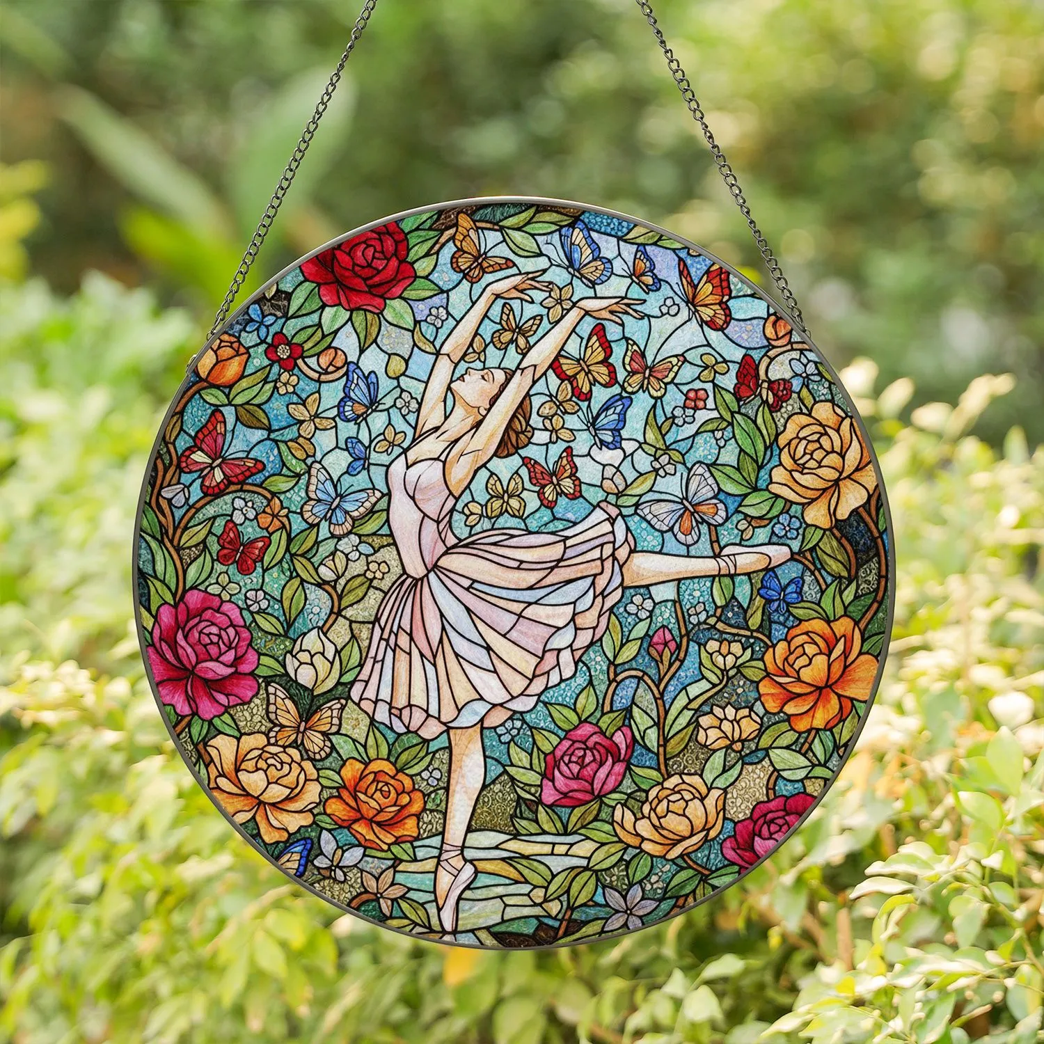 Intricate Tiffany Edge-to-Edge Stained Glass Ballet Dancer Butterflies Garden Art Stained Glass Suncatcher - 1
