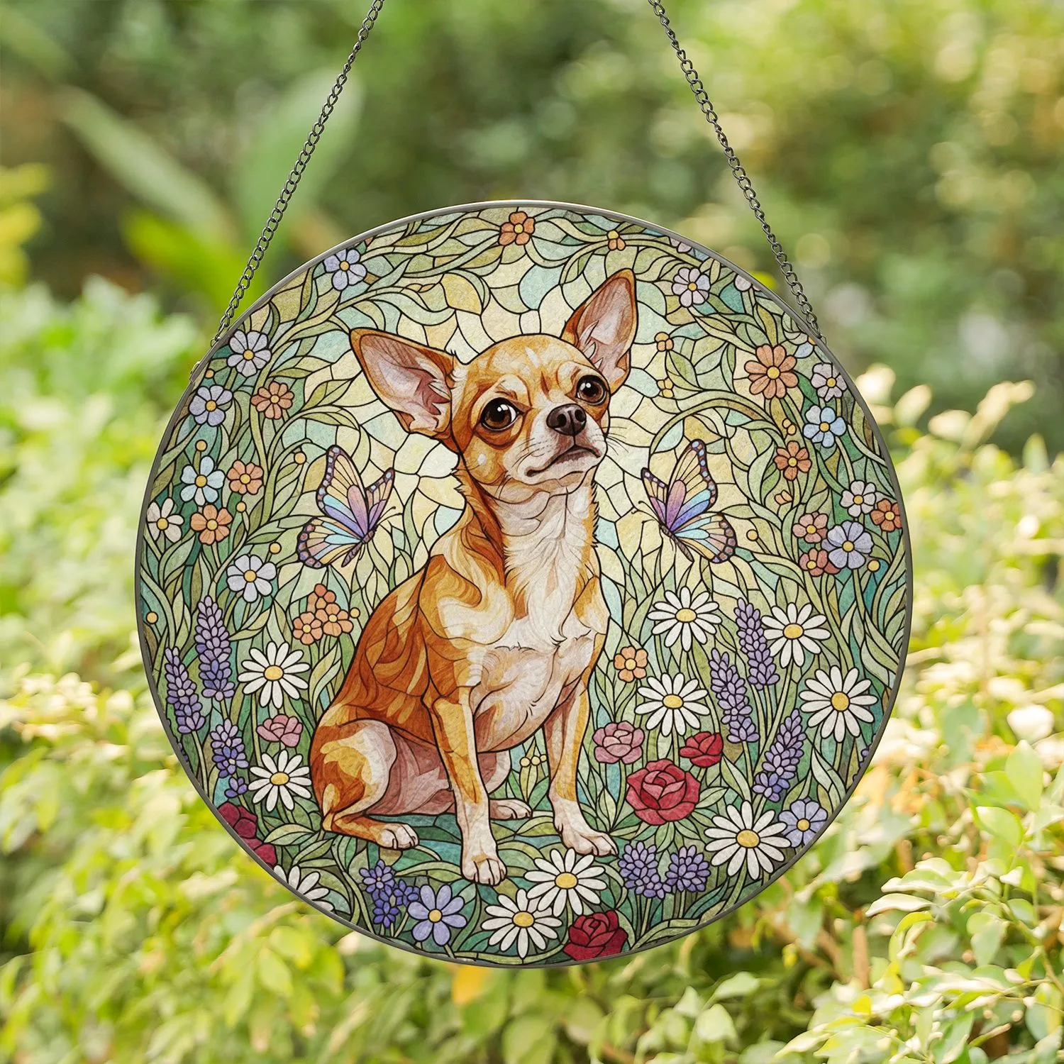 Fawn Chihuahua Stained Glass Art with Butterflies, Daisies, Roses, Lavender Meadow Garden Stained Glass Suncatcher - 1