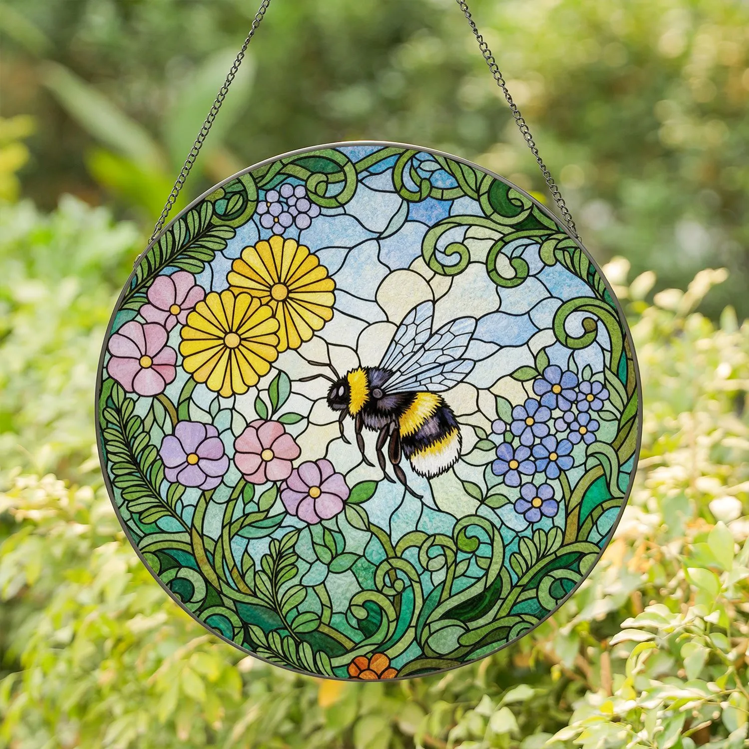 Fluffy Bumblebee Stained Glass Flowers Foliage - Tiffany Style Glowing Jewel Tone Mosaic Stained Glass Suncatcher - 1