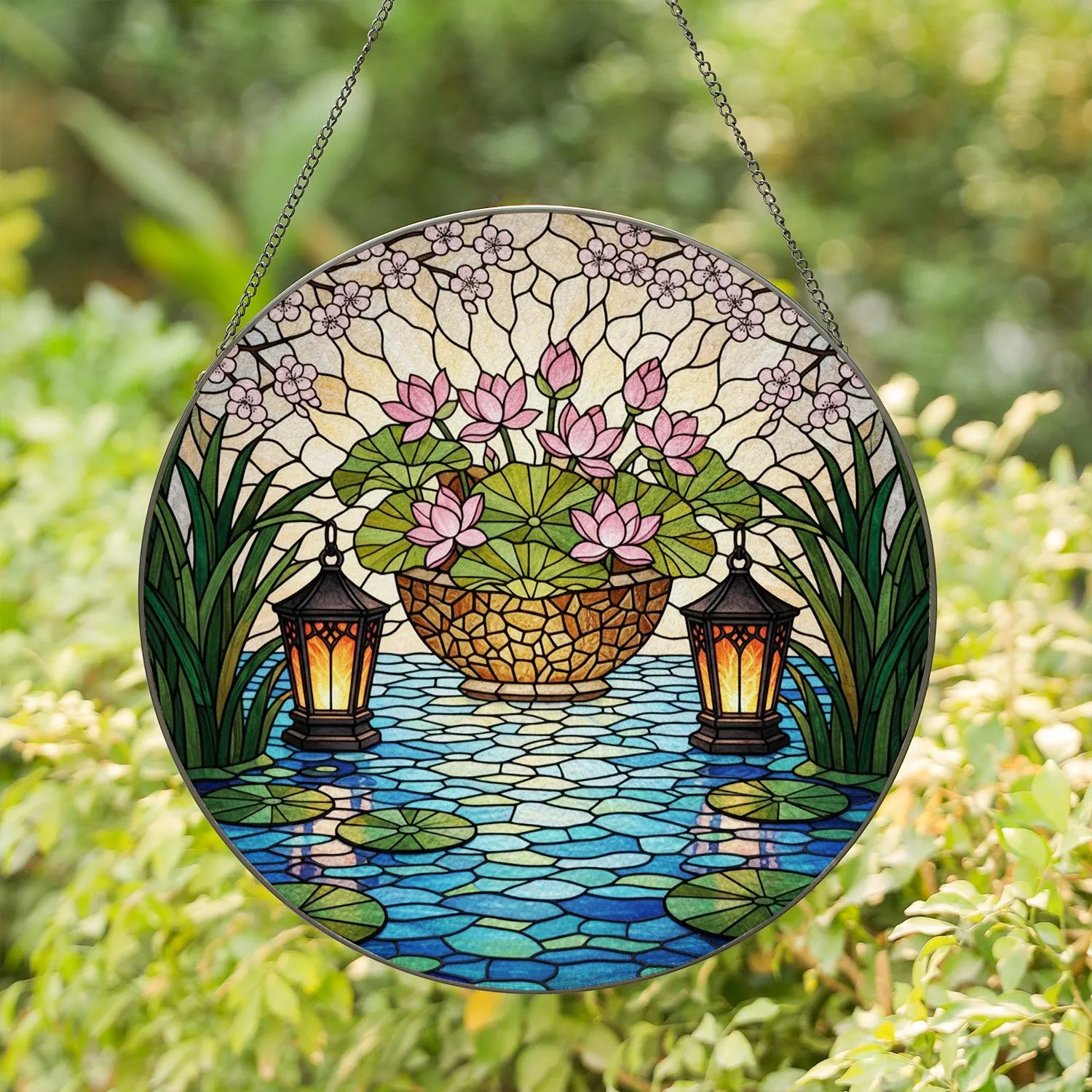 Vibrant Pink Lotus Flowers Mosaic Bowl Lanterns Tiffany Style Stained Glass Pond Scene Stained Glass Suncatcher - 1