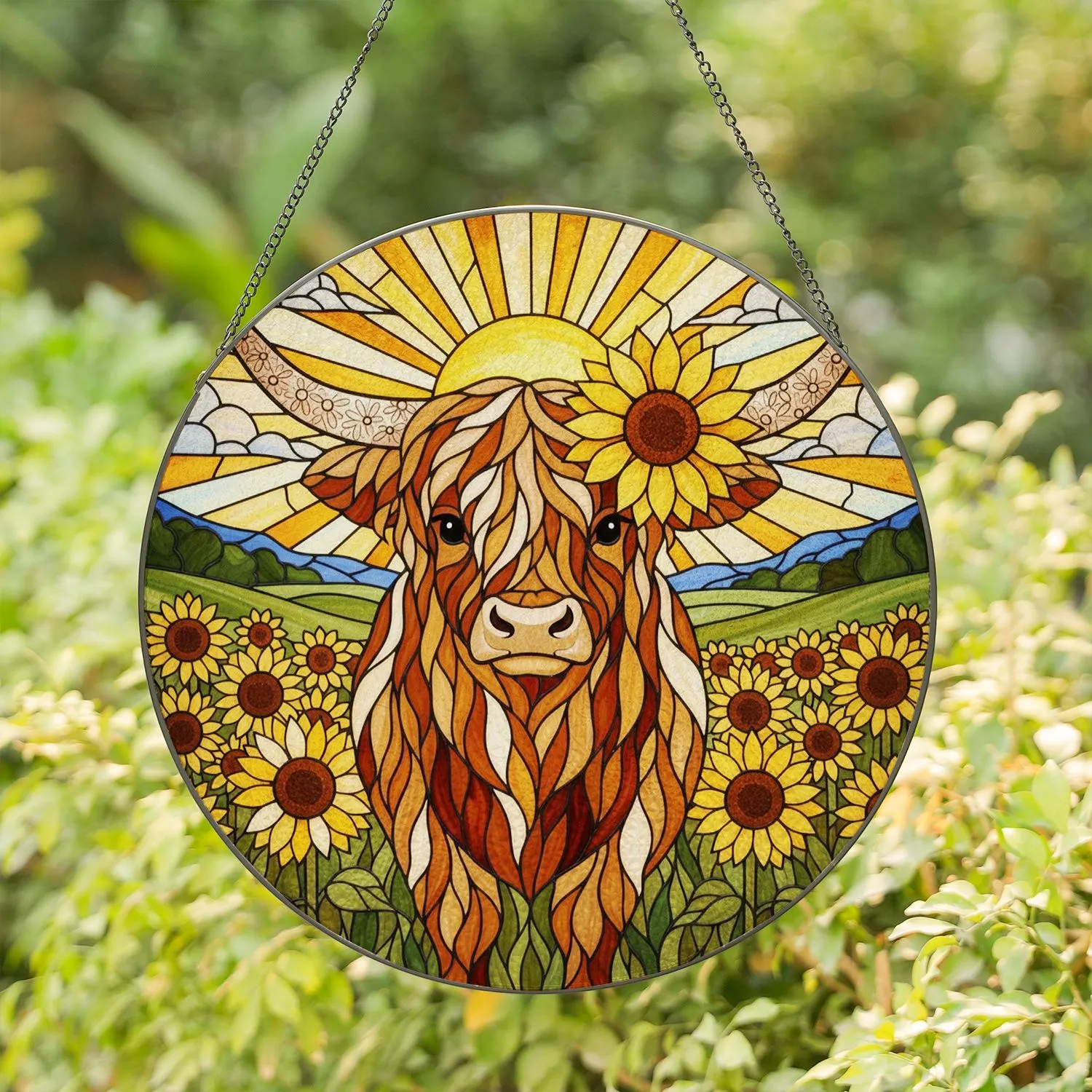 Highland Cow Sunflowers Shaggy Fur Tiffany Glass Mosaic Pastoral Landscape Home Decor Stained Glass Suncatcher - 1