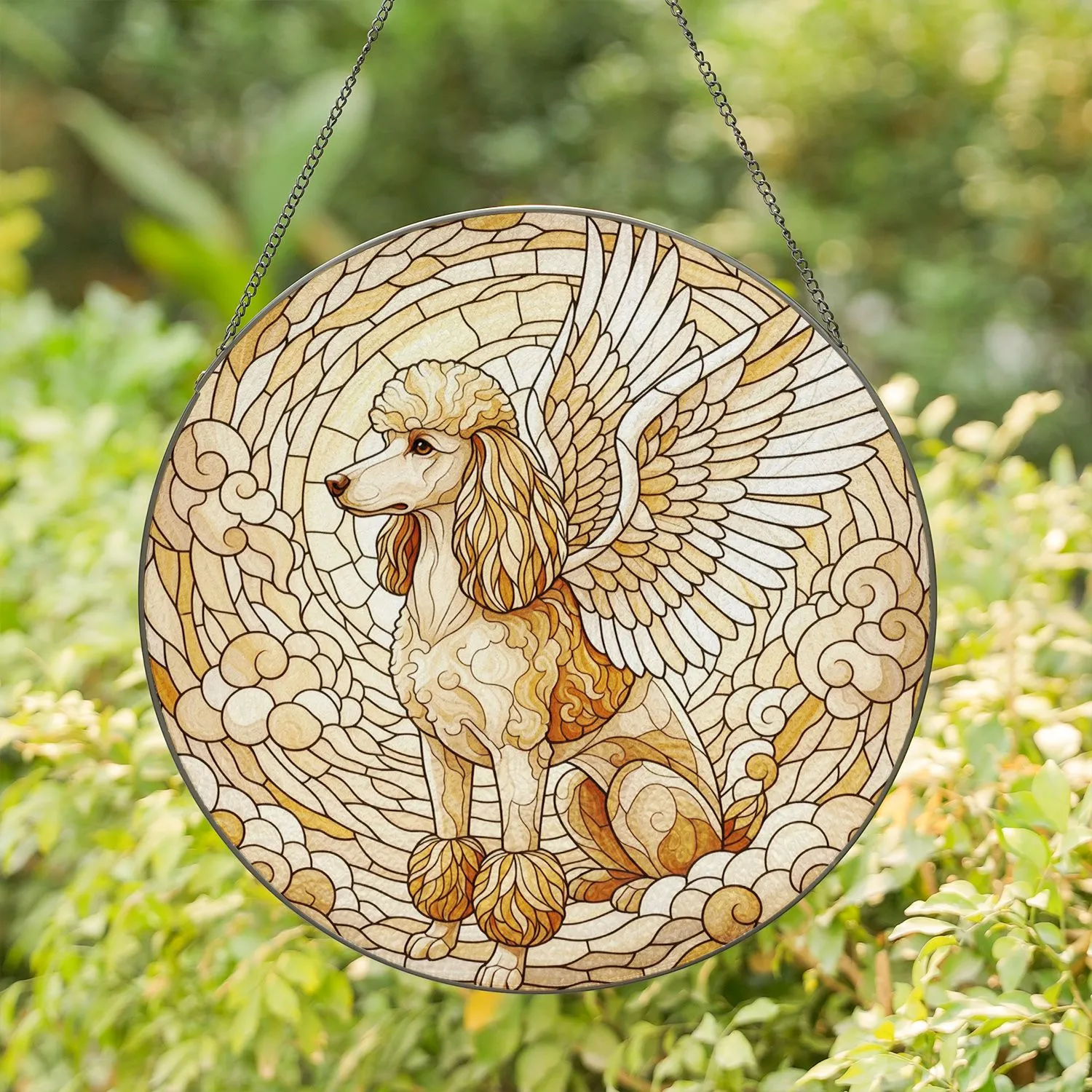 Regal Angelic Poodle Wings Tiffany Stained Glass Jewel Tone Art Mosaic with Pompoms & Clouds Stained Glass Suncatcher - 1