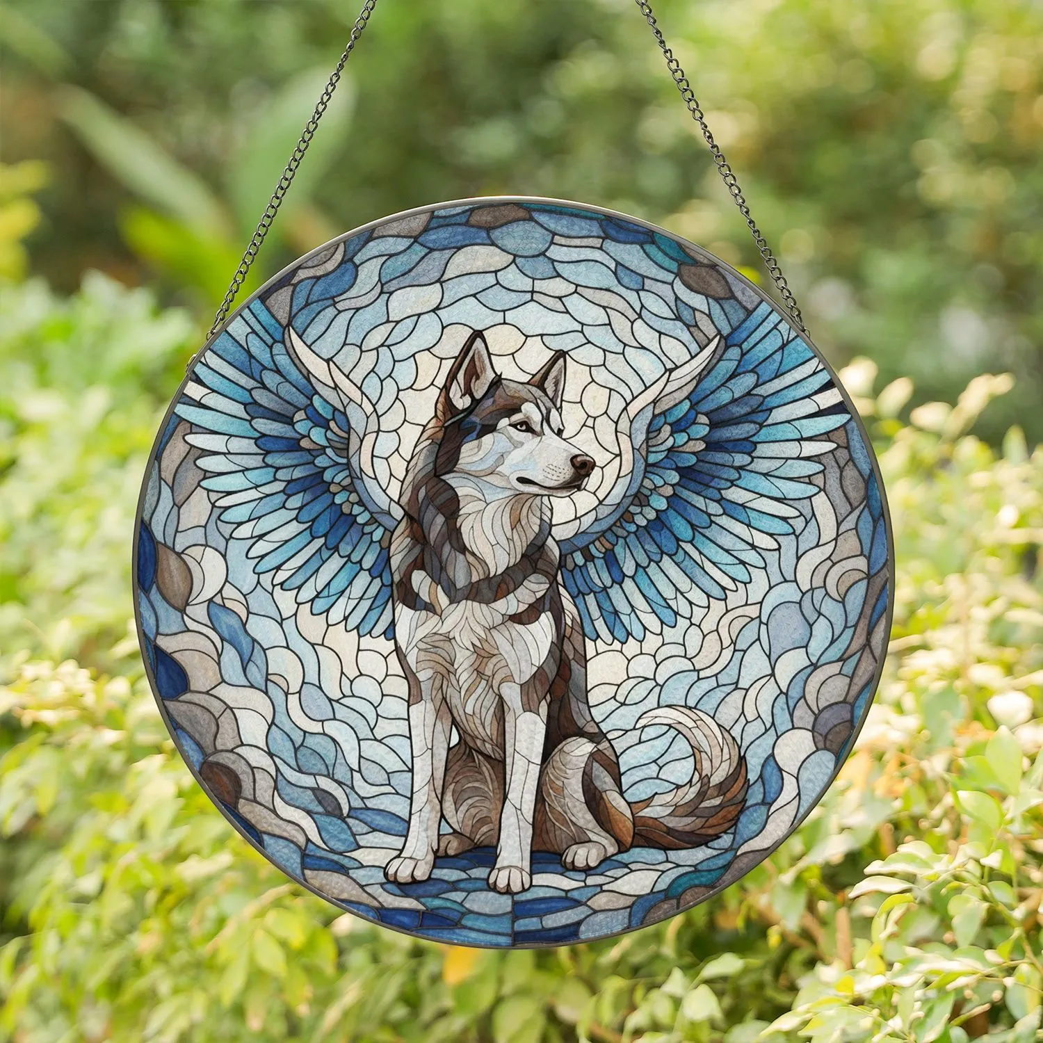 Majestic Winged Husky Dog Stained Glass Tiffany Style Jewel Tone Cloud Mosaic Decor Stained Glass Suncatcher - 1