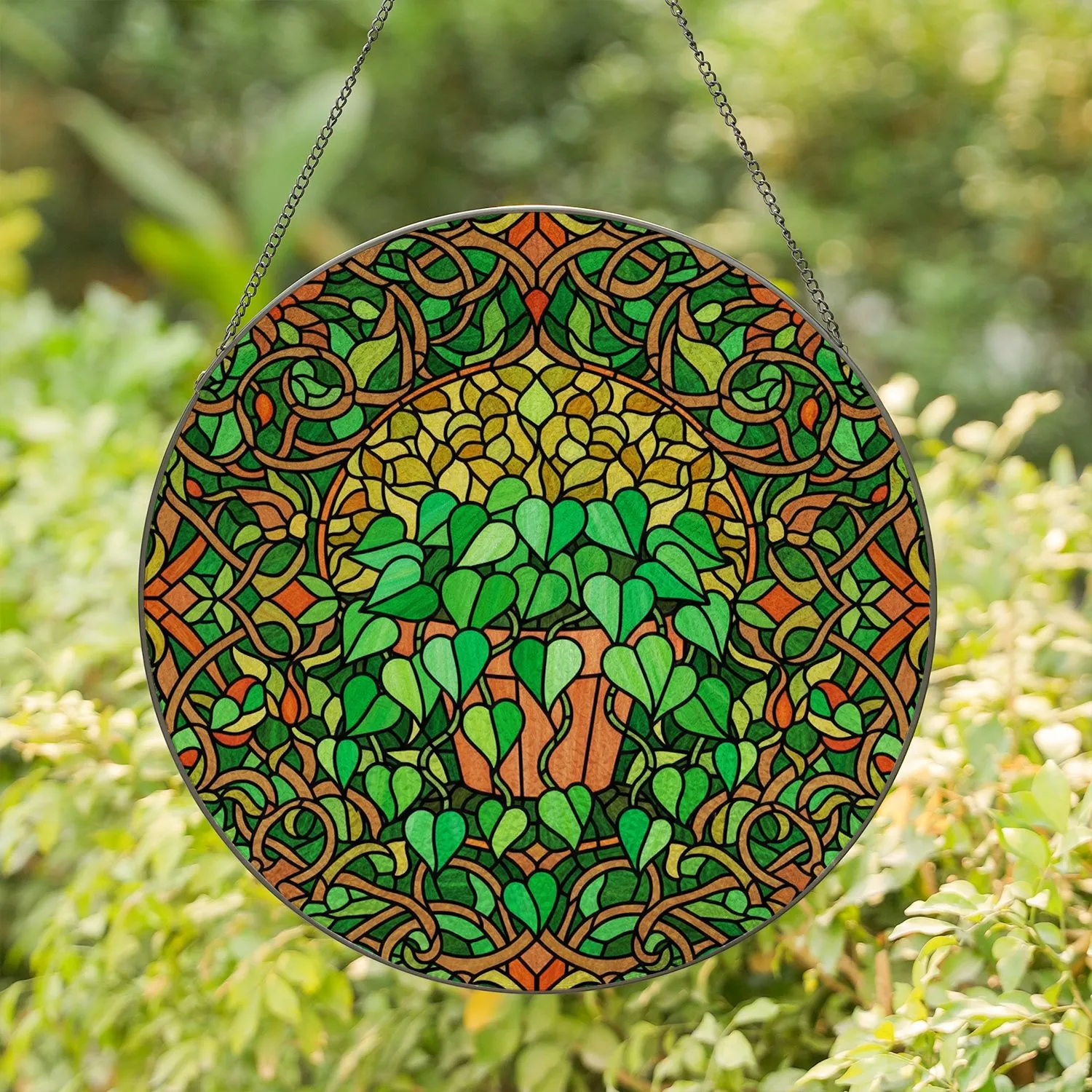 Tiffany Stained Glass Potted Plant Heart Leaves Emerald Green Amber Floral Mosaic Art Stained Glass Suncatcher - 1