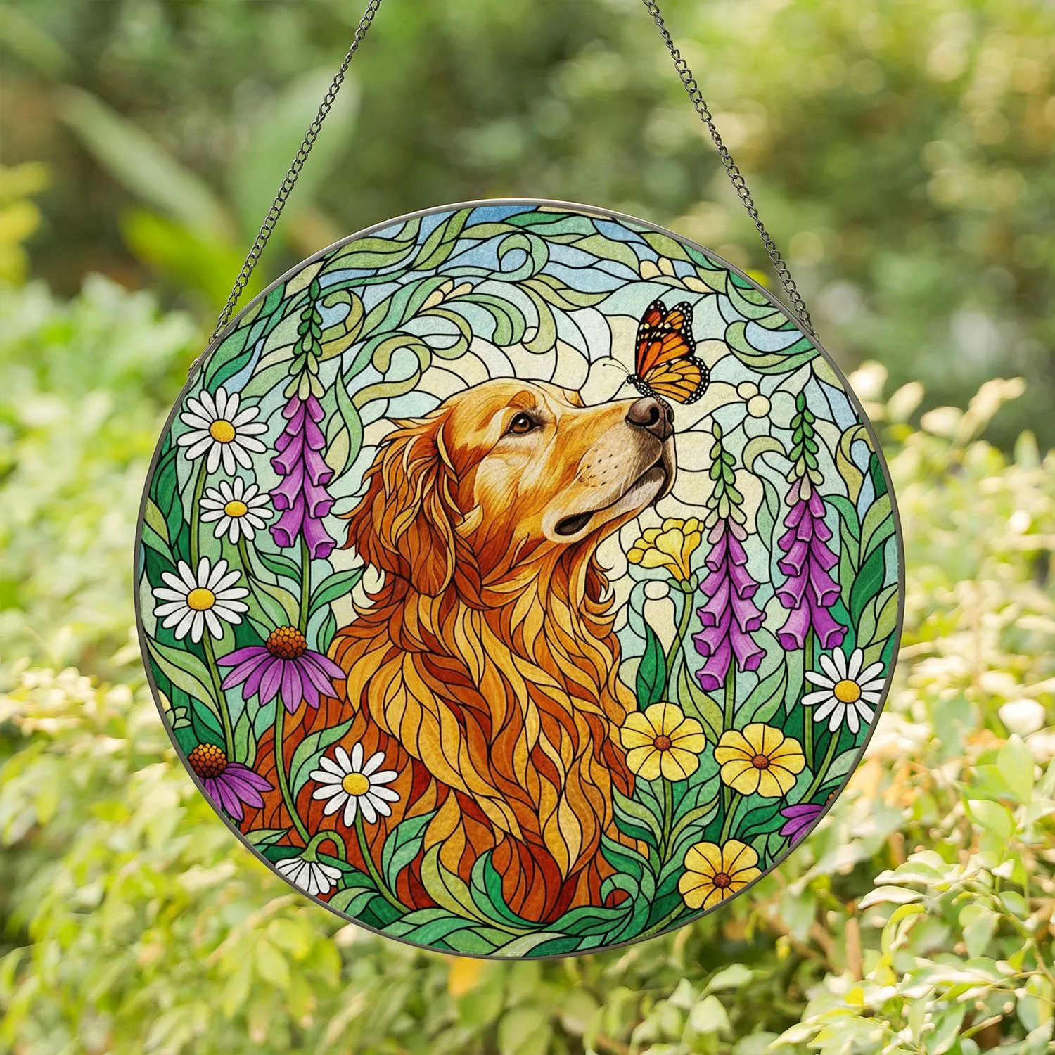 Golden Retriever Dog Monarch Butterfly Garden Flowers Tiffany Style Intricate Stained Glass Stained Glass Suncatcher - 1