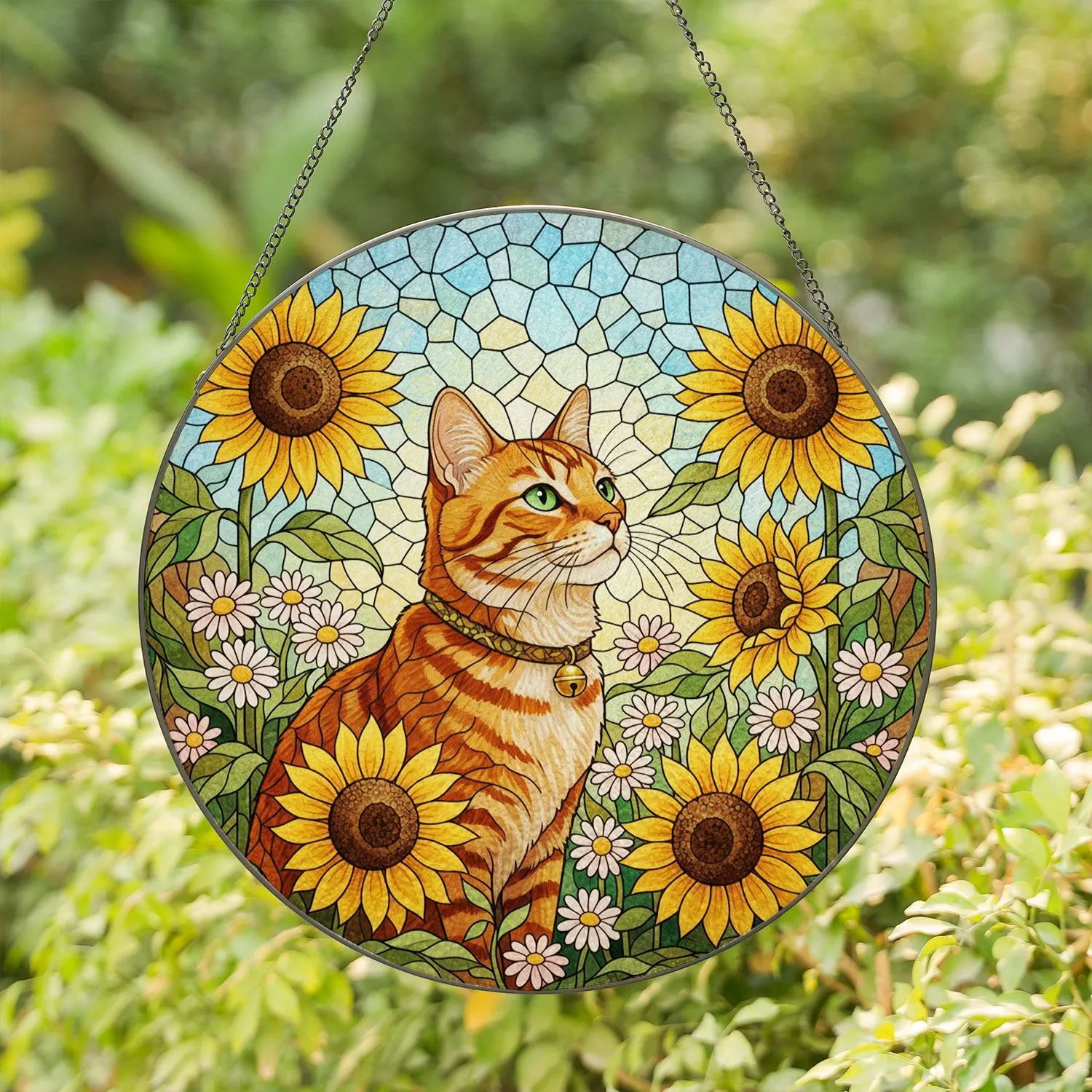 Orange Tabby Cat Green Eyes & Golden Sunflowers - Intricate Tiffany Stained Glass Mosaic Stained Glass Suncatcher - 1
