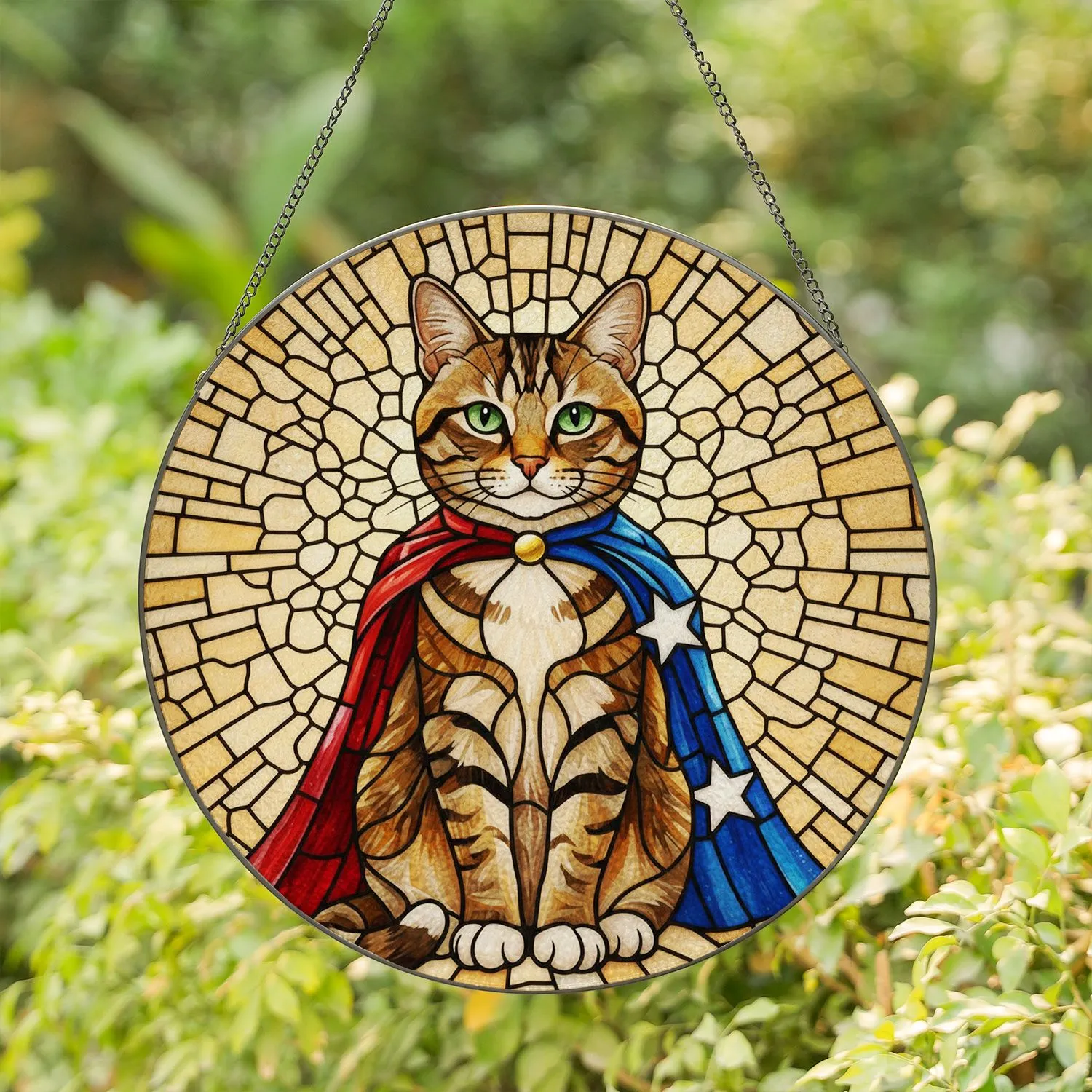 Majestic Tabby Cat Superhero Cape Stained Glass Tiffany Style Jewel Tone Mosaic Stained Glass Suncatcher - 1