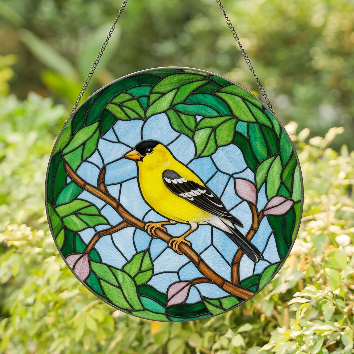Vibrant Goldfinch Bird Tiffany Stained Glass - Intricate Nature Foliage & Pink Blooms Art Stained Glass Suncatcher - 1
