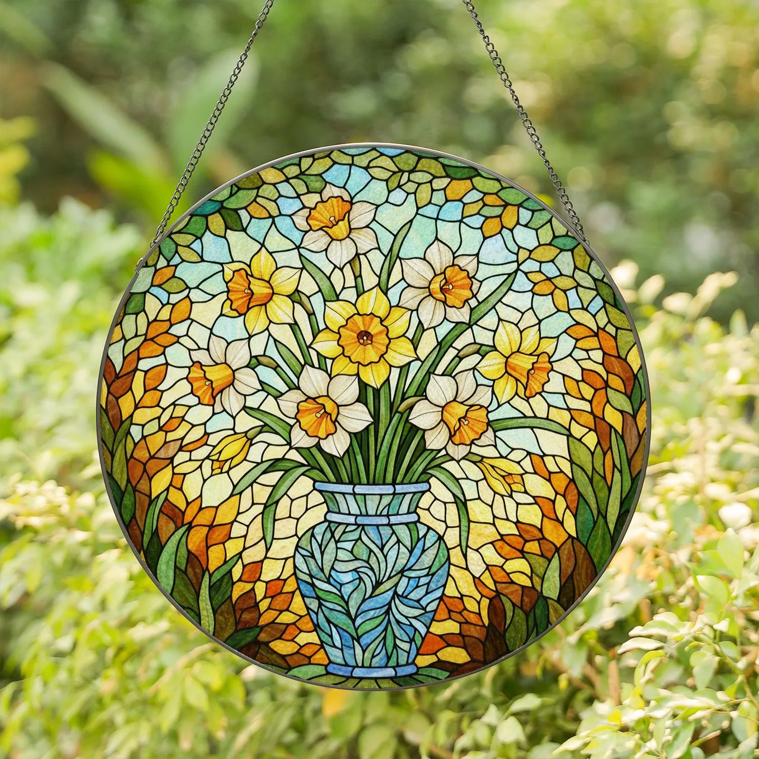 Tiffany Stained Glass Daffodil Bouquet Mosaic Art - Sunny Floral Decor Gift Stained Glass Suncatcher - 1