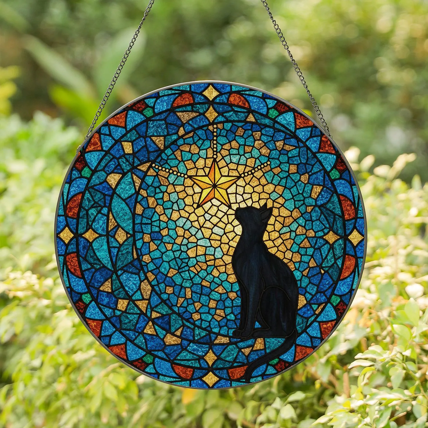 Black Cat Crescent Moon Star Tiffany Glass Mosaic - Intricate Celestial Decor Gift Stained Glass Suncatcher - 1