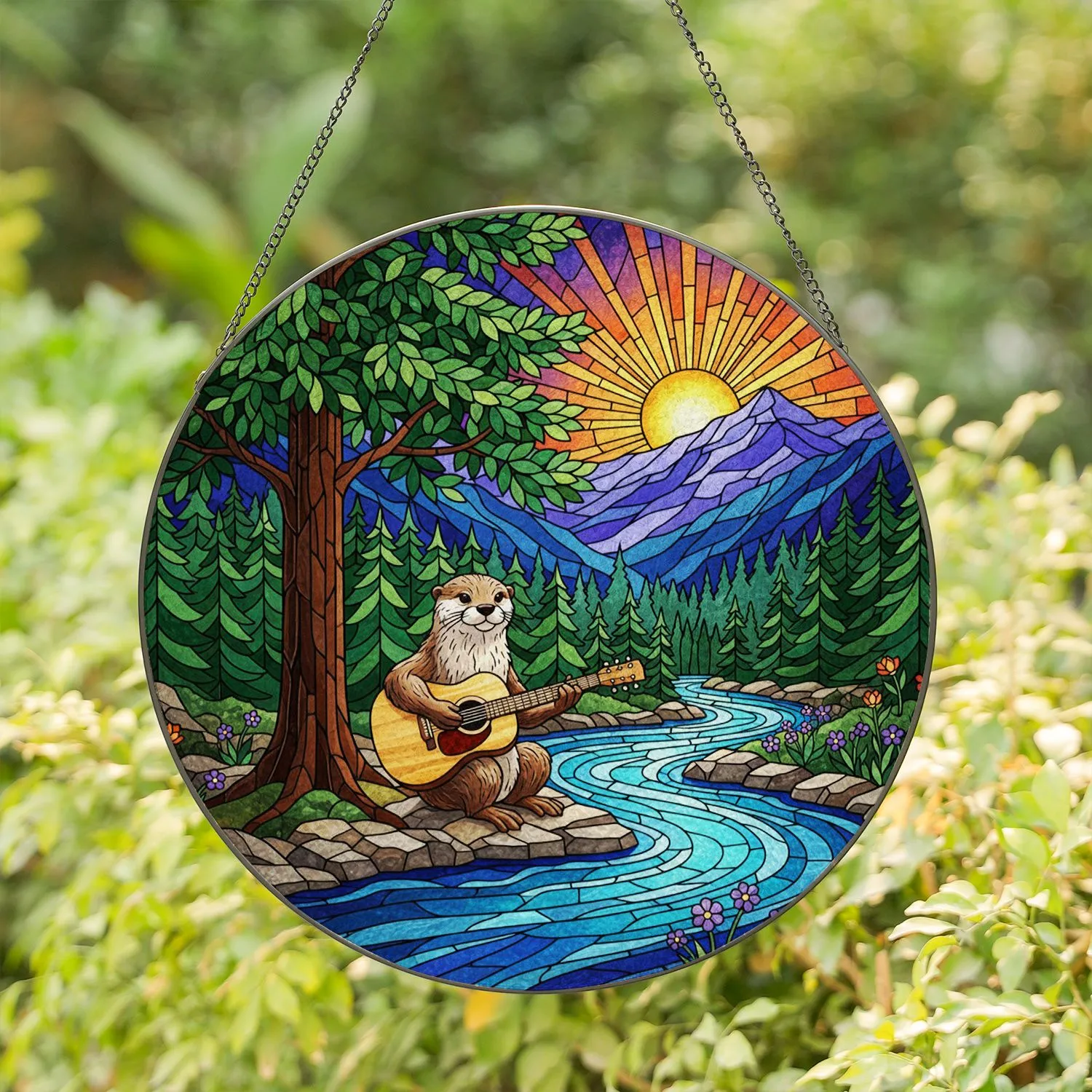 Otter Playing Acoustic Guitar River Mountain Sunset Stained Glass Forest Artwork Stained Glass Suncatcher - 1