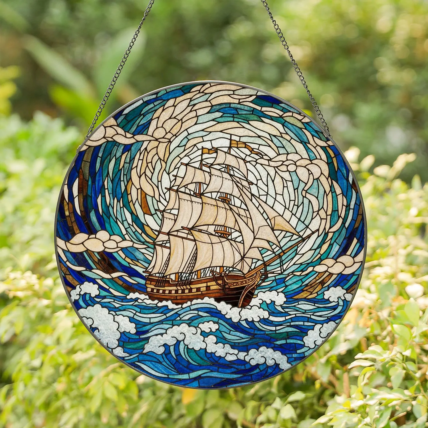 Majestic Tall Ship Billowing Sails Ocean Waves Ethereal Clouds Tiffany Stained Glass Stained Glass Suncatcher - 1