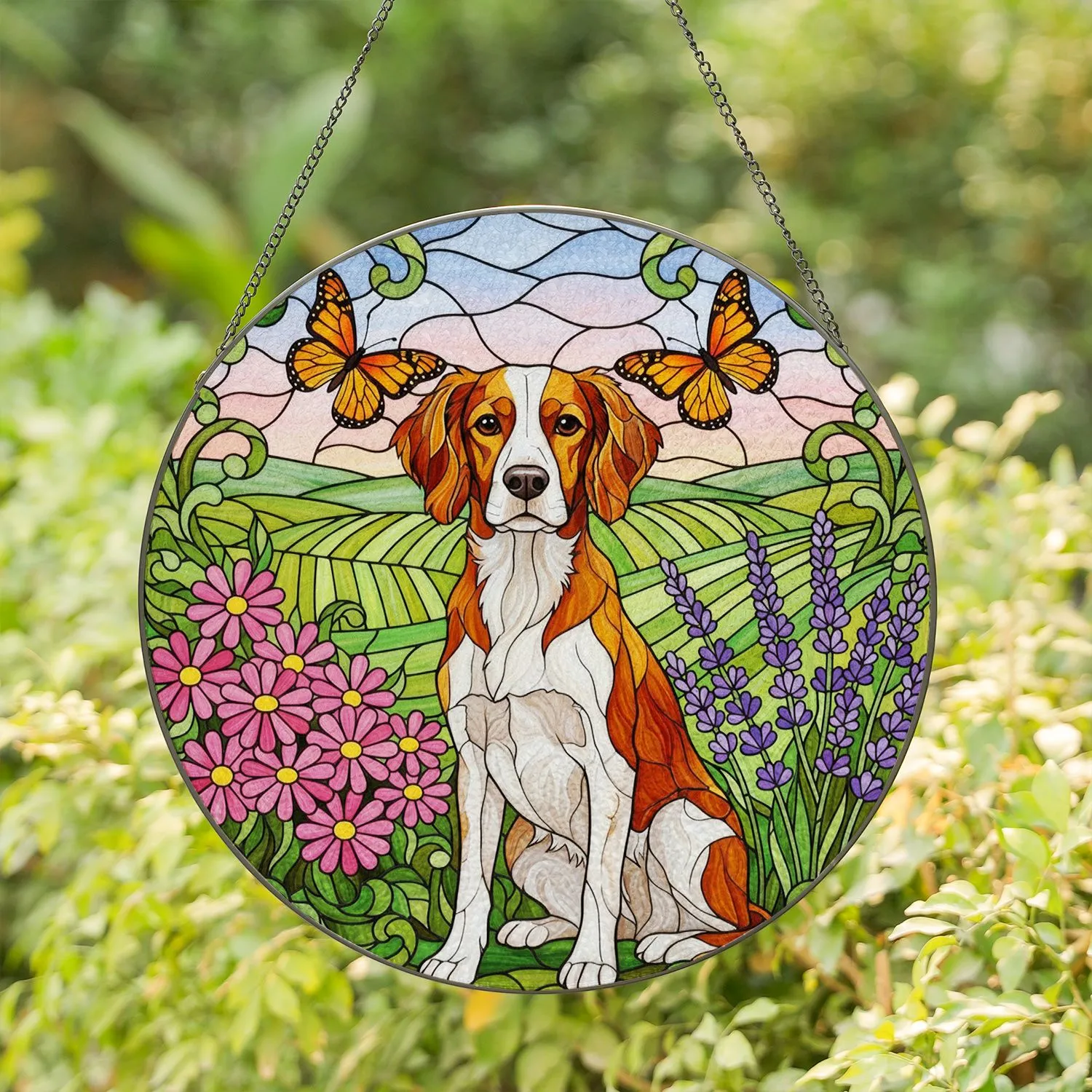 Brittany Spaniel Stained Glass Butterflies Daisies Lavender Meadow Dog Lover Gift Stained Glass Suncatcher - 1