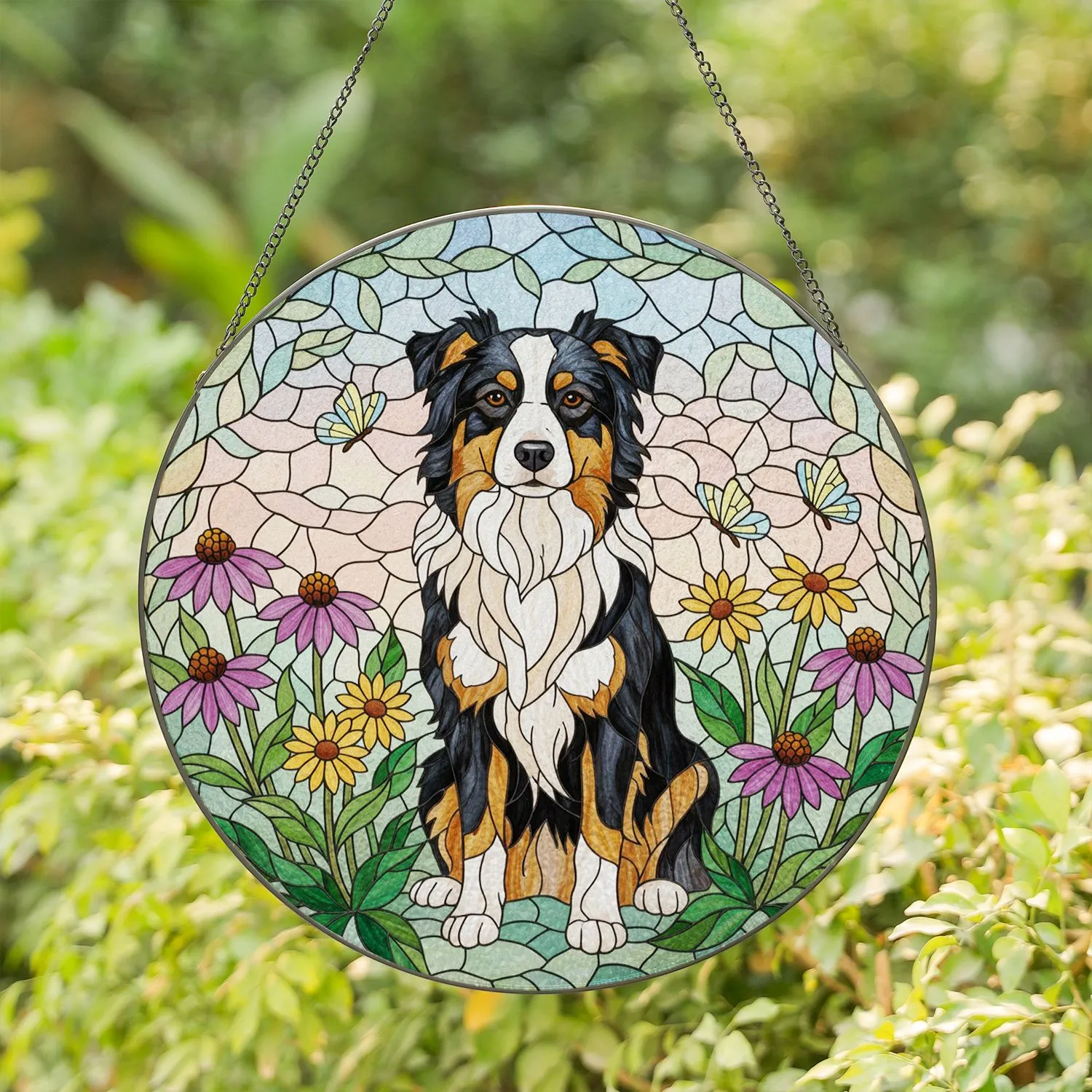 Tri-Color Australian Shepherd Stained Glass Art, Coneflowers, Daisies, Butterflies Gift Stained Glass Suncatcher - 1