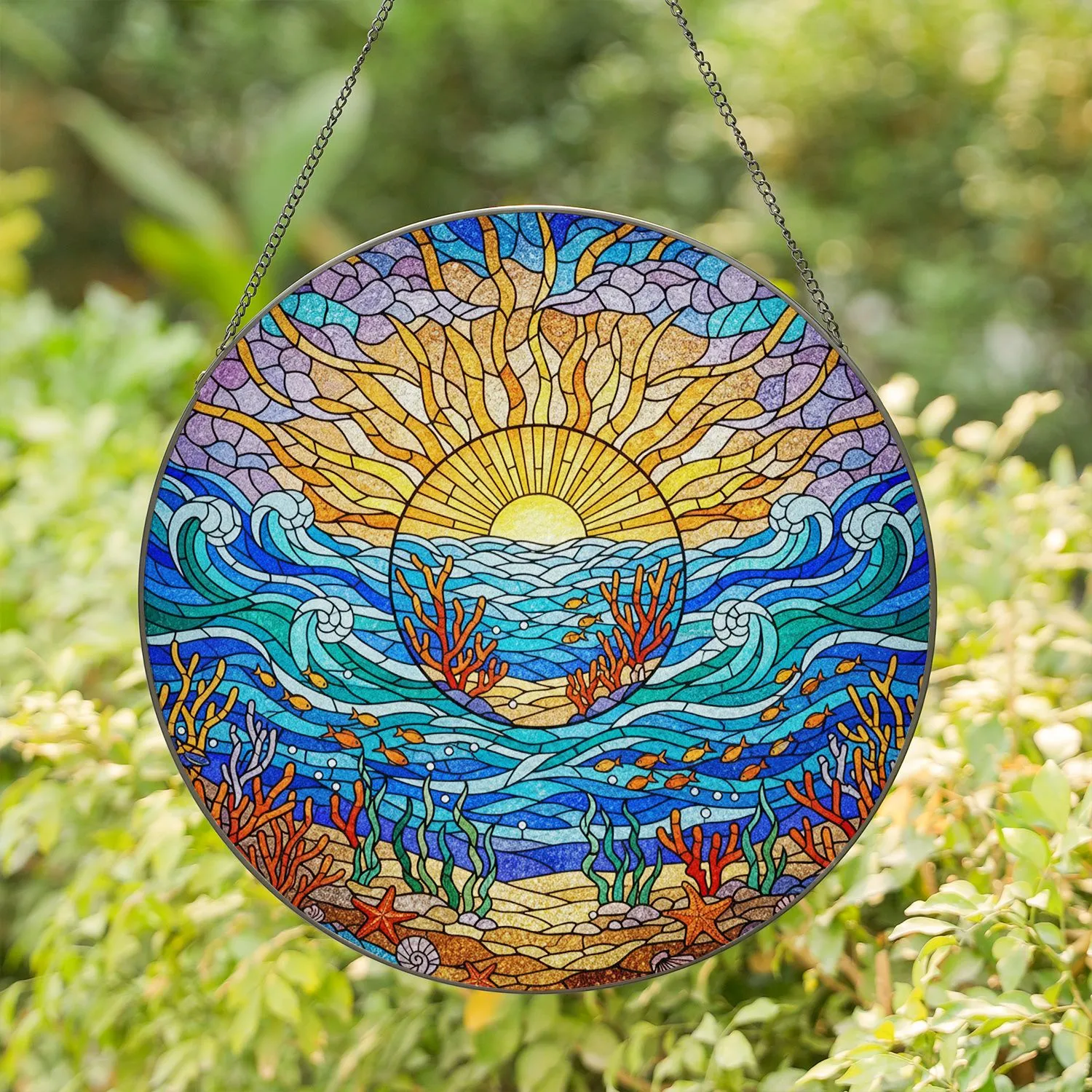 Tiffany Style Stained Glass Ocean Scene - Split View Sun Rays, Marine Life, Coral Reef Decor Stained Glass Suncatcher - 1