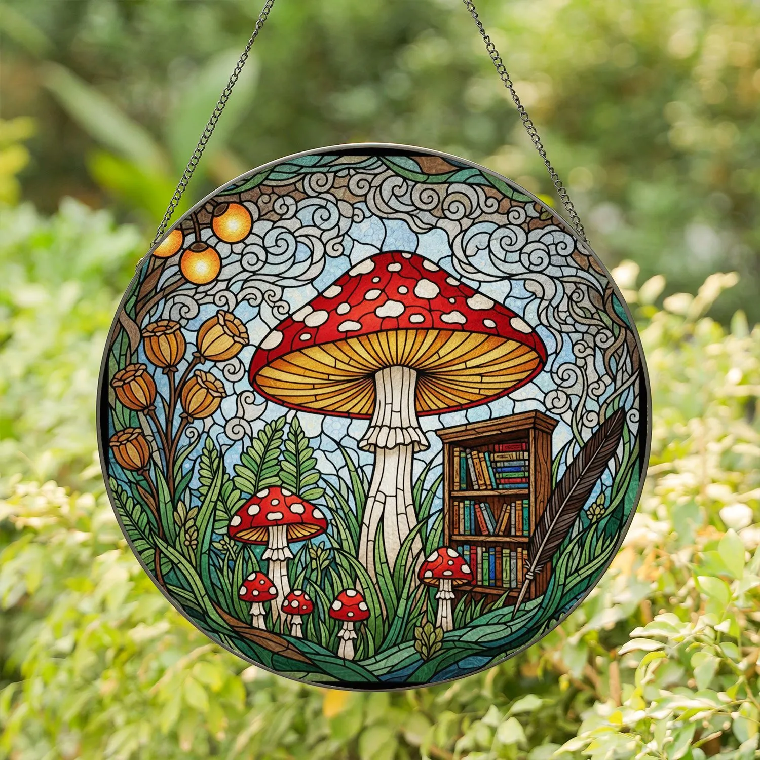 Amanita Muscaria Mushroom Stained Glass Art, Bookshelf, Quill Pen, Toadstool Garden Scene Stained Glass Suncatcher - 1