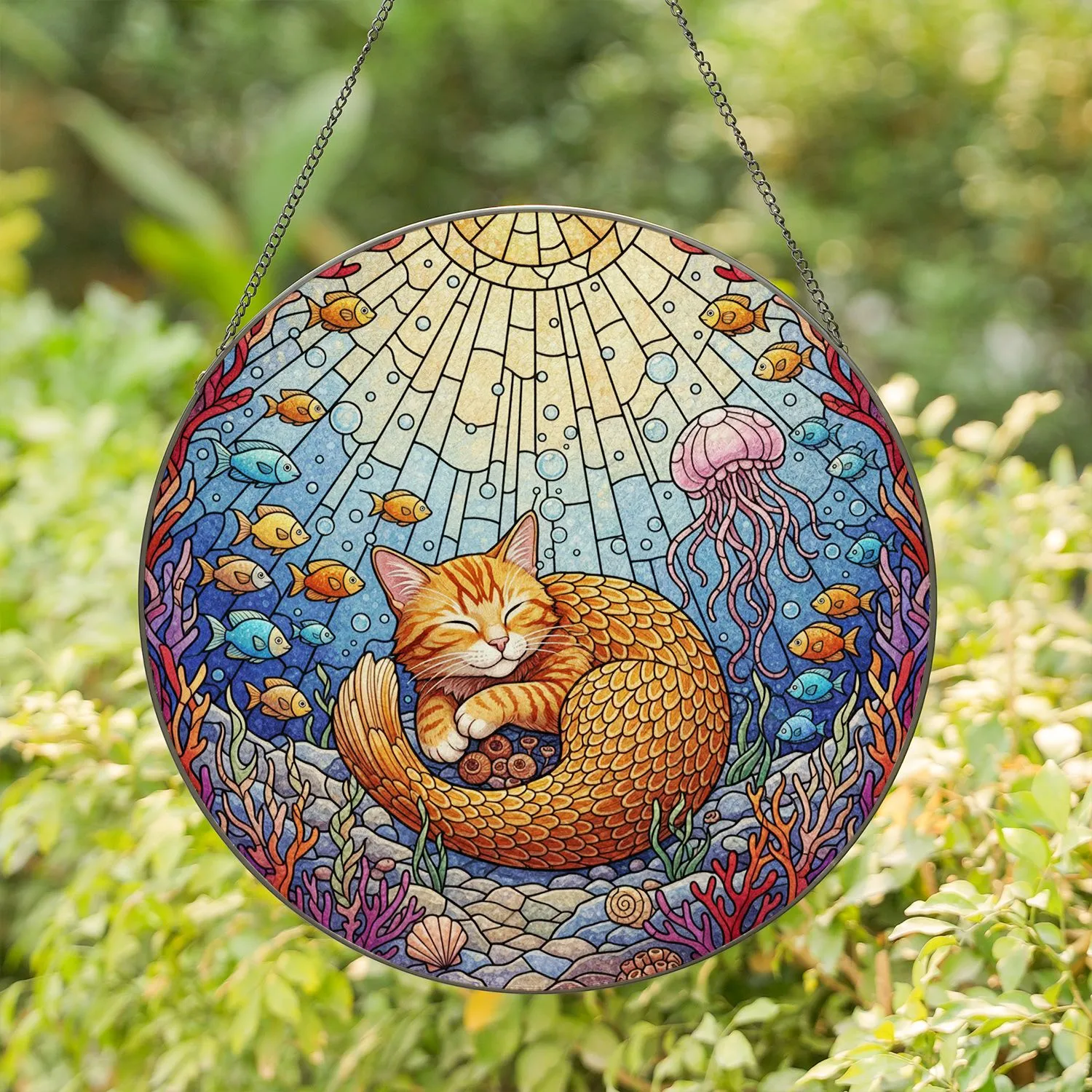 Orange Mer-cat Sleeping Underwater Reef Stained Glass - Glowing Jewel Tones Design Stained Glass Suncatcher - 1