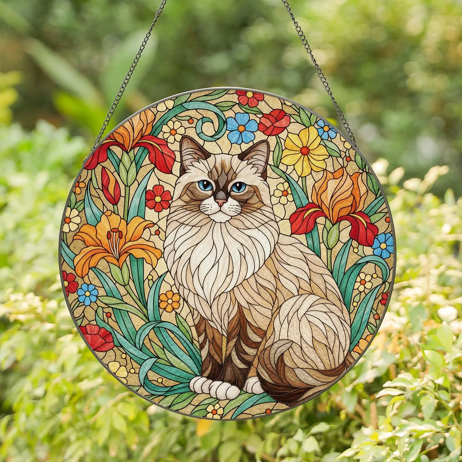 Ragdoll Cat Tiffany Style Stained Glass Floral - Poppies Mosaic Jewel Tone Art Stained Glass Suncatcher - 1