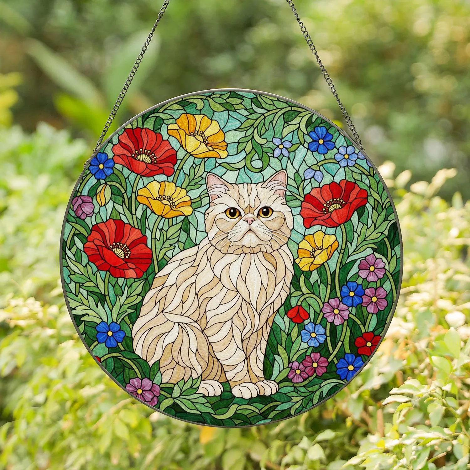 Persian Cat Stained Glass Garden Flowers Art - Intricate Botanical Jewel Tones Decor Stained Glass Suncatcher - 1
