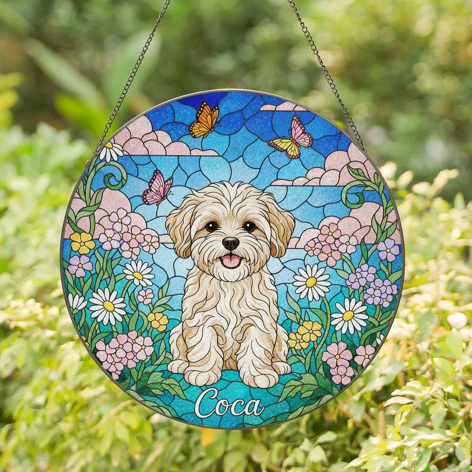 Bichon Frise Puppy Coca Tiffany Stained Glass Wildflower Butterfly Mosaic Sky Art Stained Glass Suncatcher - 1