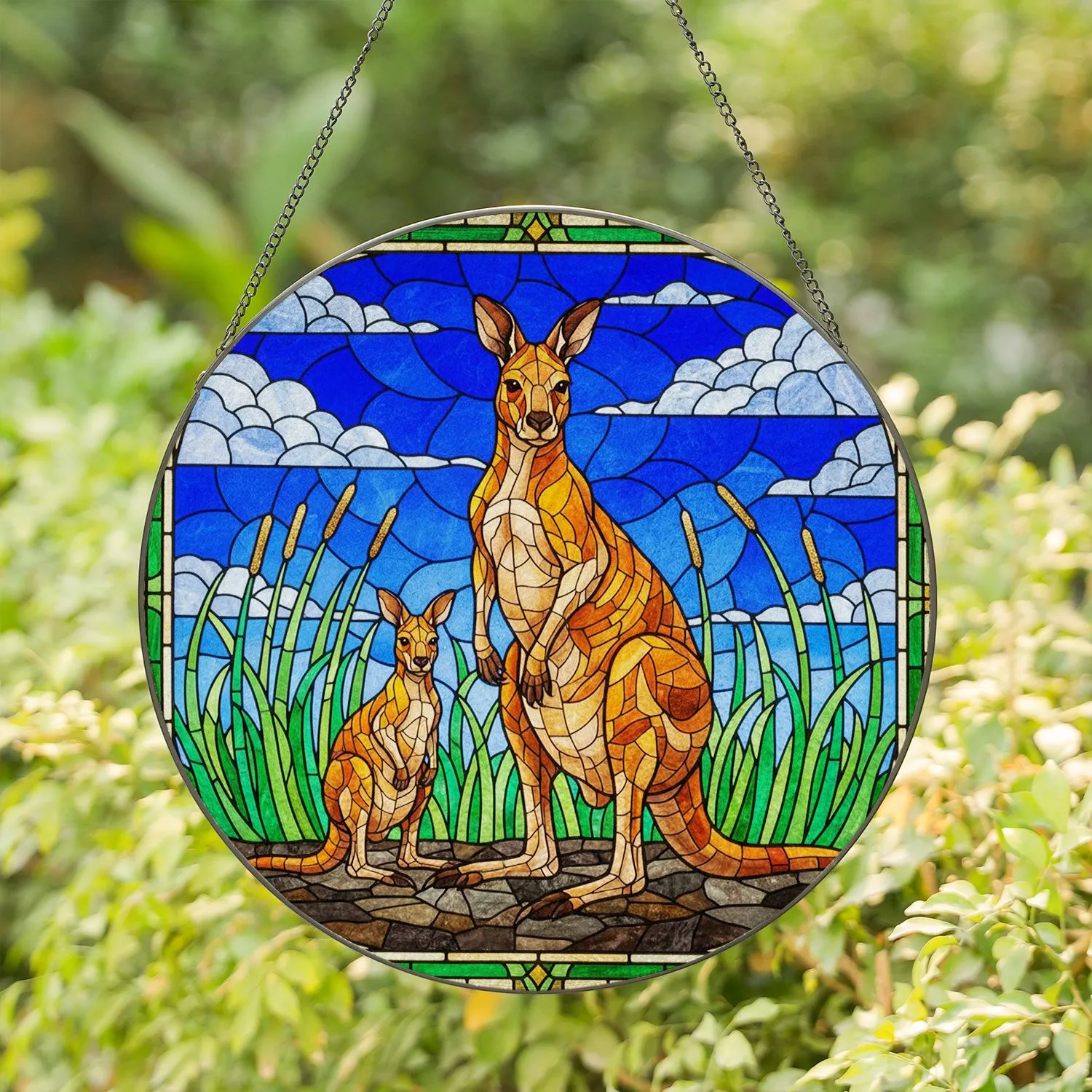 Tiffany Stained Glass Adult Kangaroo Joey Amber Orange Blue Sky Green Reeds Mosaic Stained Glass Suncatcher - 1