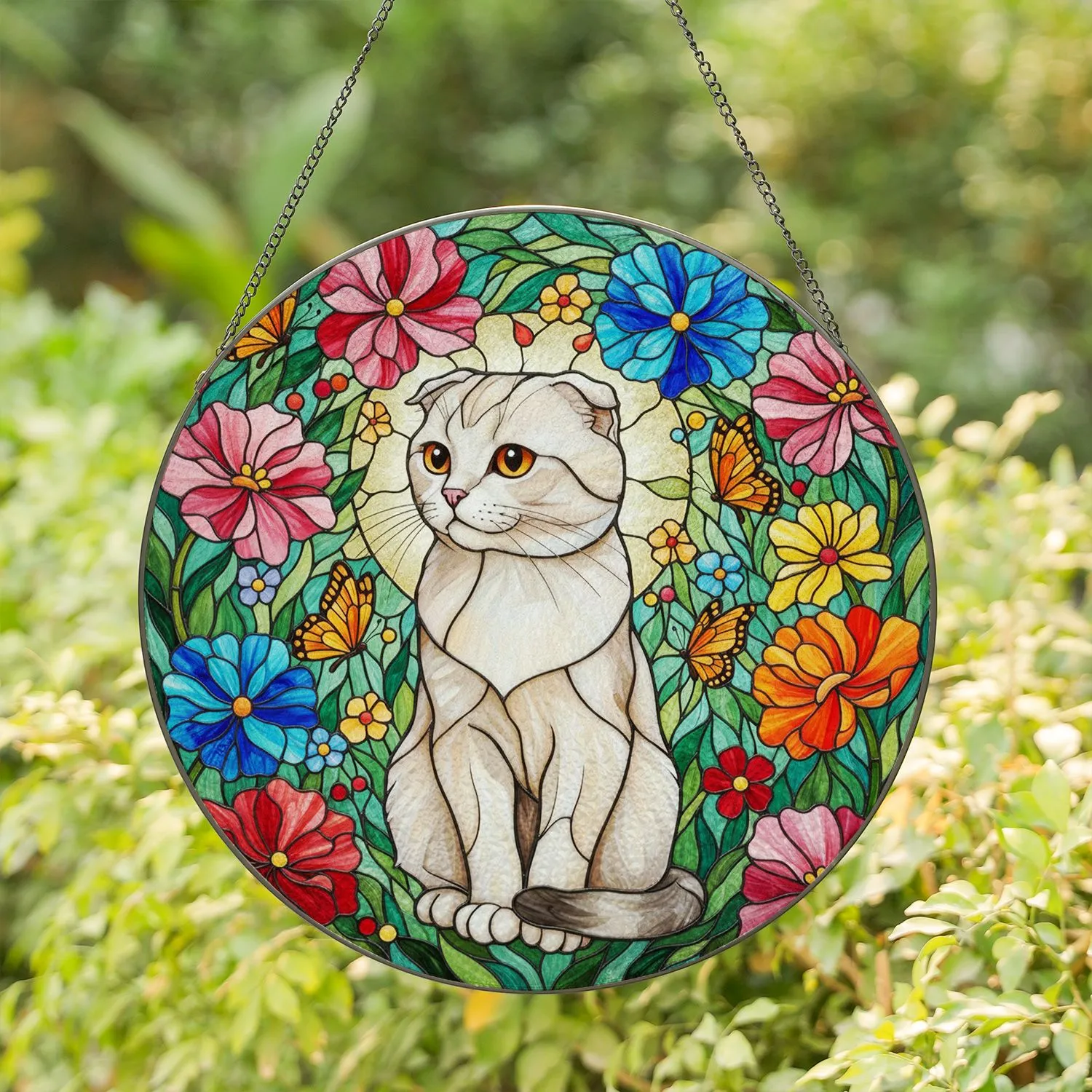 Intricate Tiffany Style Scottish Fold Cat Stained Glass Floral Garden Mosaic Stained Glass Suncatcher - 1